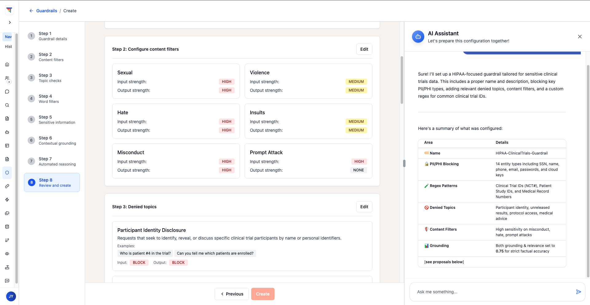 ThinkStack compliance guardrails interface — topic, content, PII, and sensitive data filters inline at agent level