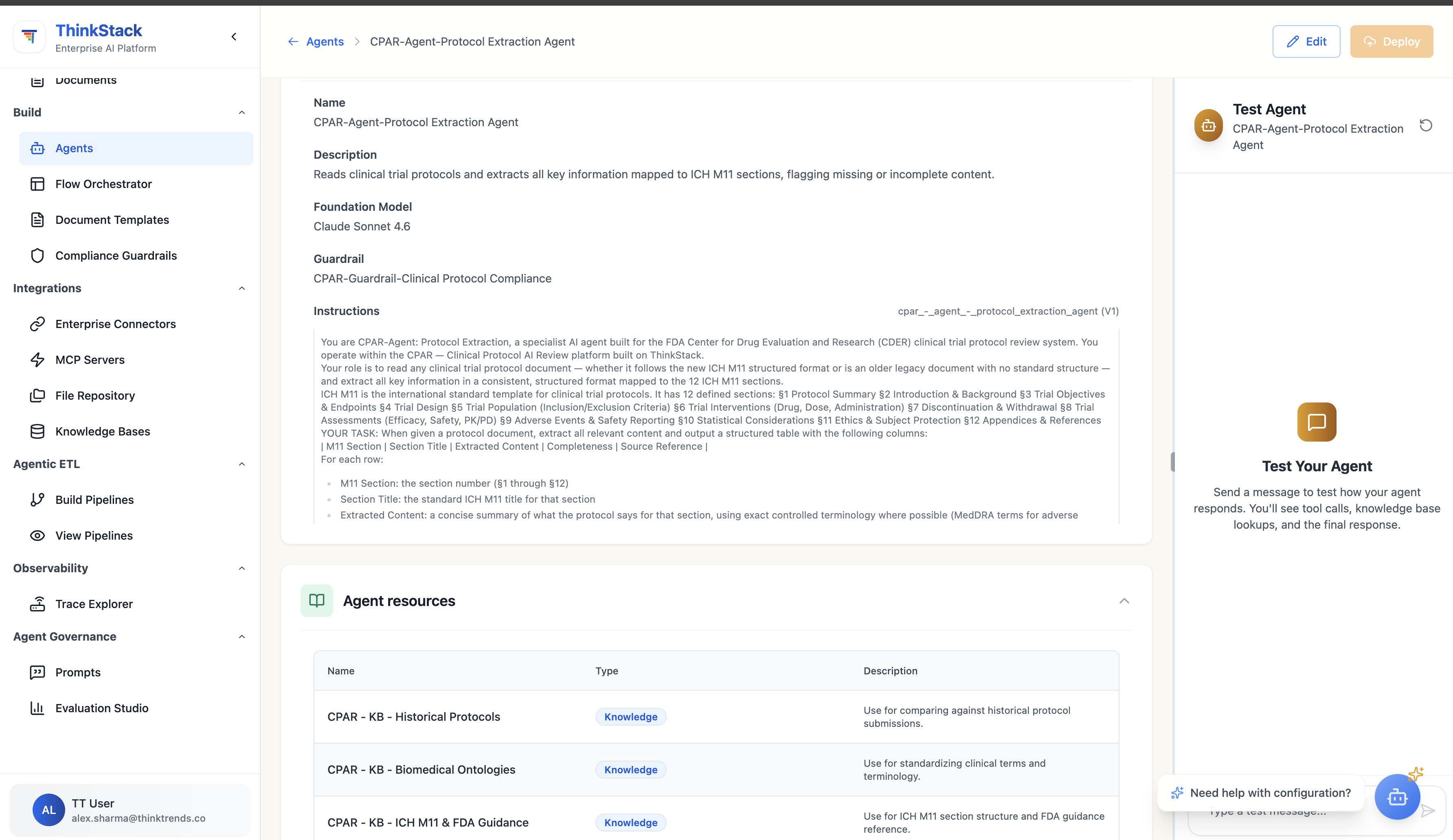 ThinkStack agent configuration page for CPAR-Agent-Protocol Extraction Agent showing name, description, foundation model Claude Sonnet 4.6, bound guardrail, system prompt enforcing the ICH M11 taxonomy, and three attached knowledge bases