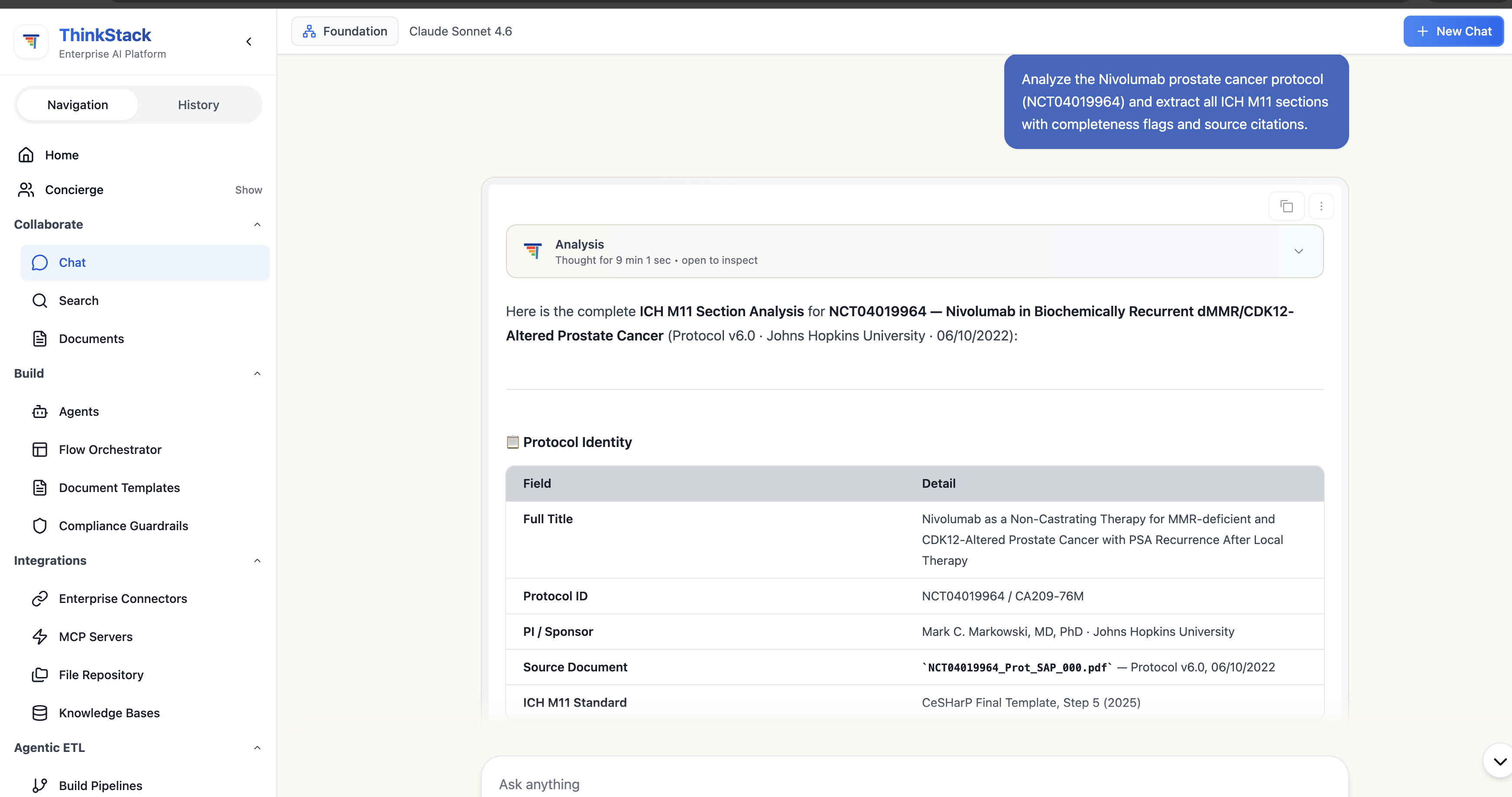 ThinkStack chat showing the reviewer's question about NCT04019964 and the agent's structured Protocol Identity table with full title, protocol ID, PI, sponsor, source document and ICH M11 standard