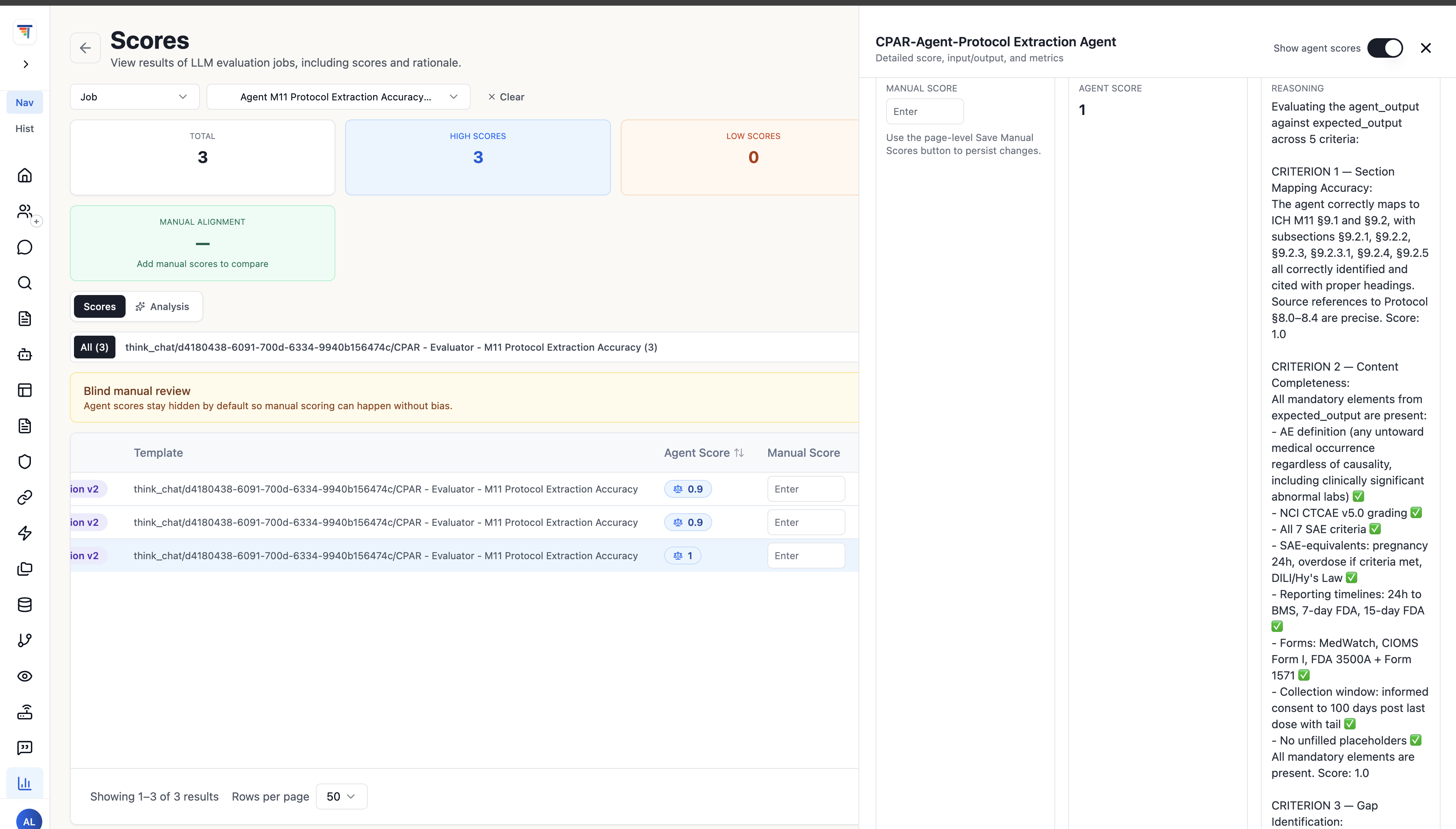ThinkStack Evaluation Studio detail panel showing criterion-by-criterion reasoning for the 1.0 case, with Section Mapping Accuracy and Content Completeness verification checklists