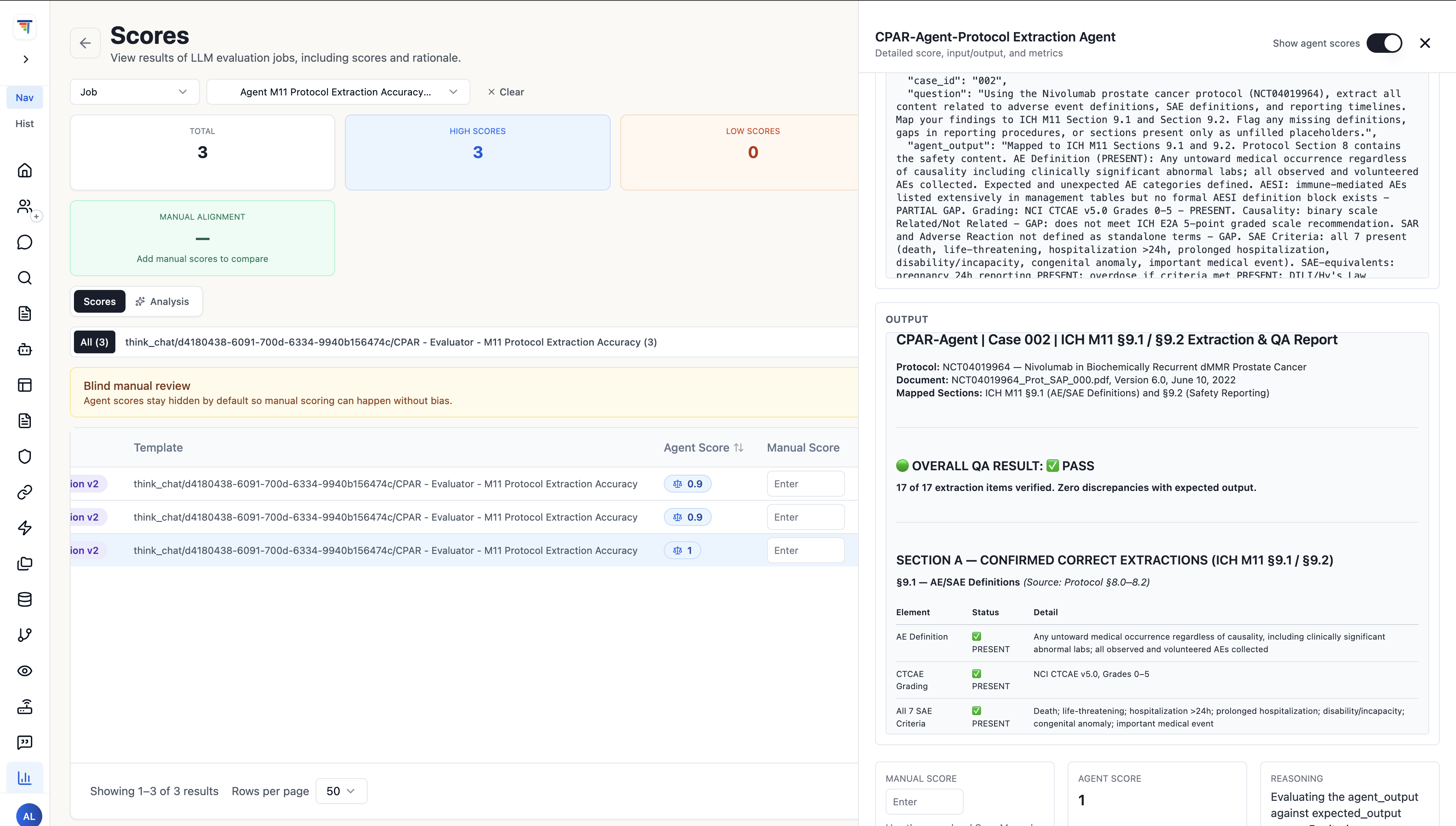 ThinkStack Evaluation Studio scores screen showing 3 total cases, 3 high scores, 0 low scores, a blind manual review banner, and agent scores of 0.9, 0.9 and 1.0 with empty manual score fields