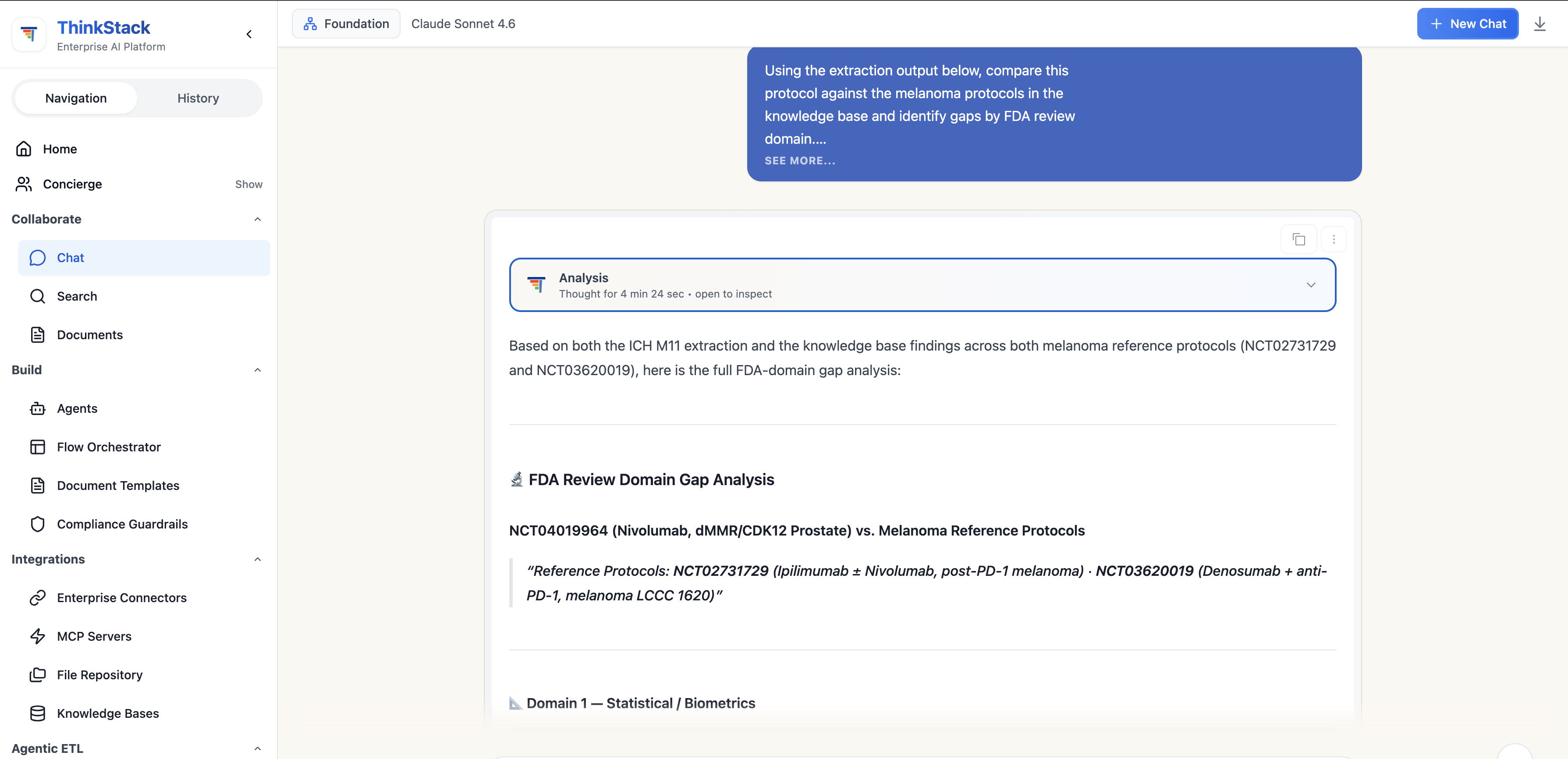 ThinkStack chat showing the FDA Review Domain Gap Analysis header, naming both retrieved melanoma reference protocols and beginning Domain 1 Statistical and Biometrics