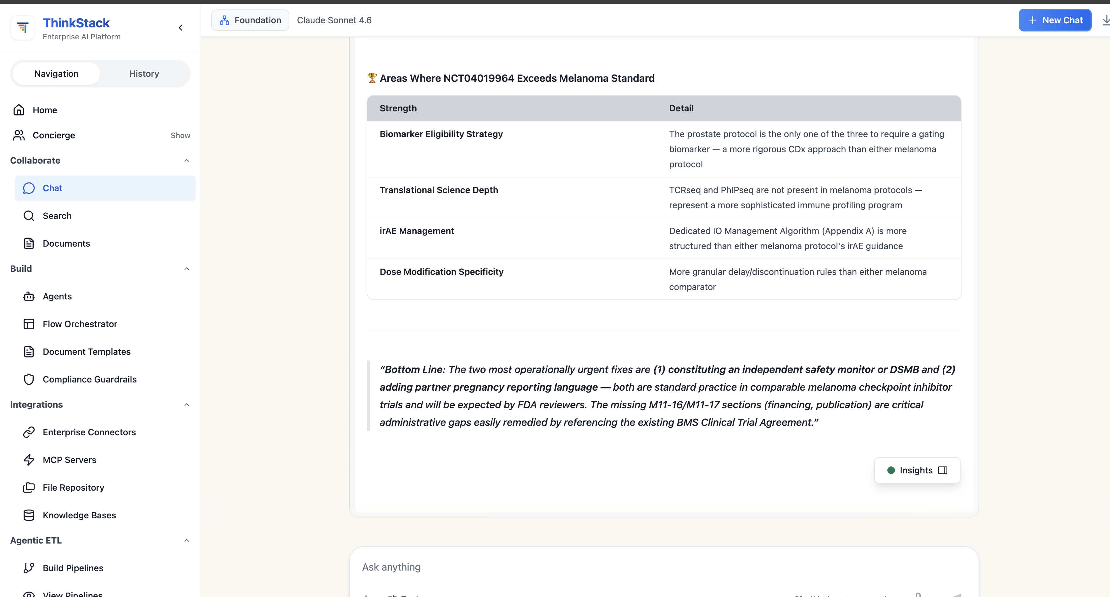 ThinkStack chat output listing four areas where the prostate protocol exceeds the melanoma reference standard, followed by a bottom-line recommendation naming the two most urgent fixes