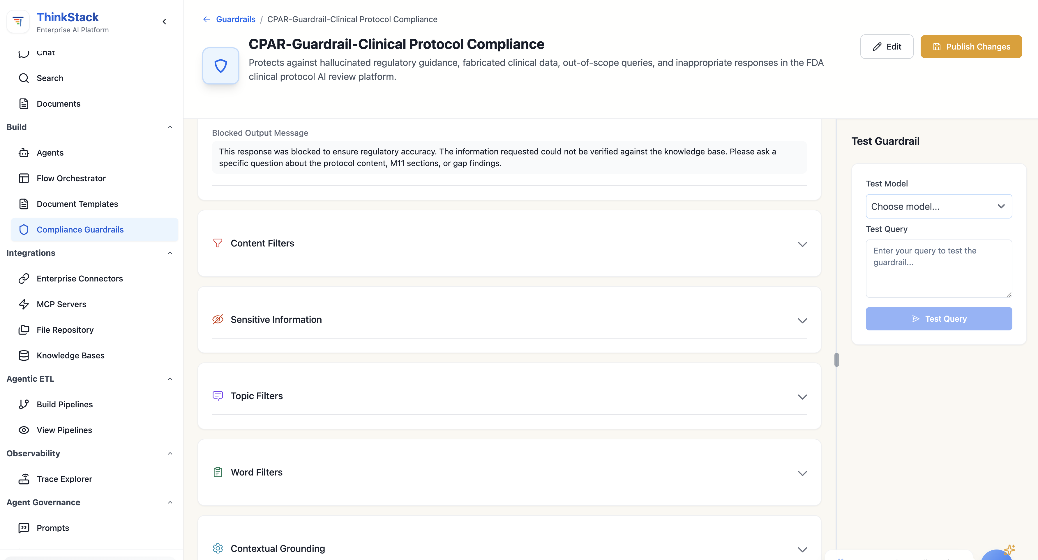 ThinkStack compliance guardrail configuration page for CPAR-Guardrail-Clinical Protocol Compliance showing the blocked output message and the five collapsible policy sections: Content Filters, Sensitive Information, Topic Filters, Word Filters and Contextual Grounding, with a Test Guardrail panel