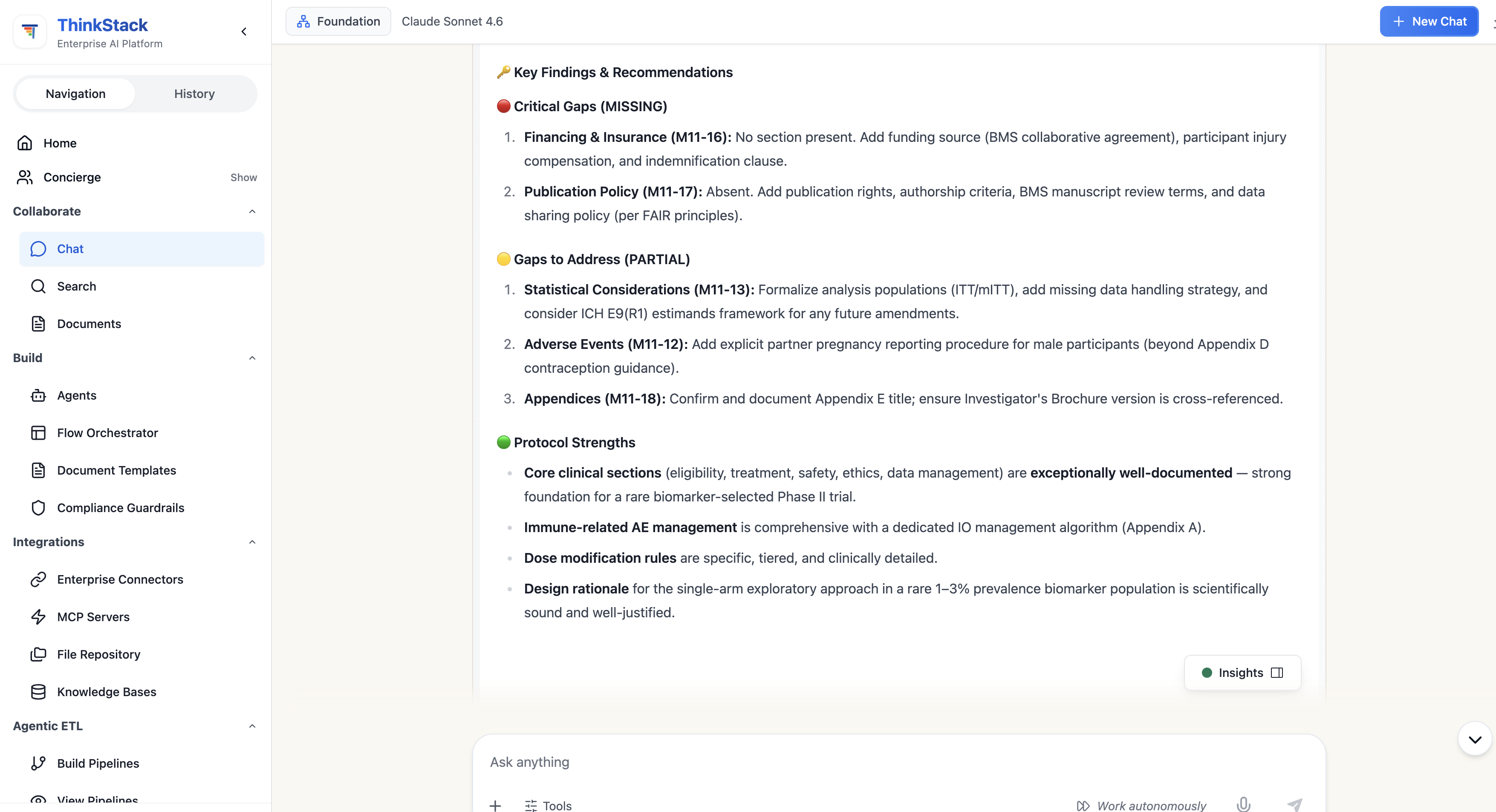 ThinkStack chat output titled Key Findings and Recommendations, organised into Critical Gaps showing missing Financing and Insurance and Publication Policy sections, Gaps to Address, and Protocol Strengths