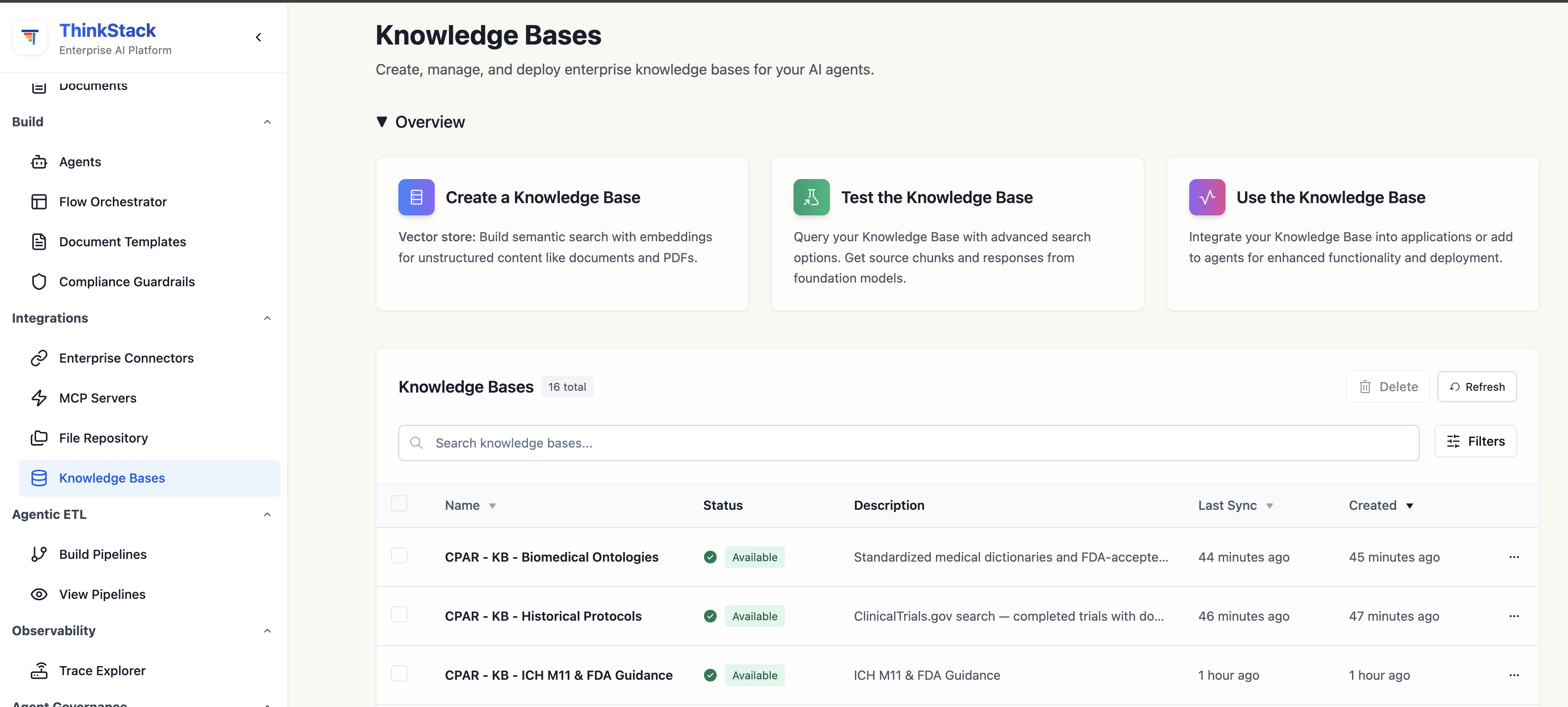 ThinkStack Knowledge Bases screen showing the three CPAR knowledge bases, Biomedical Ontologies, Historical Protocols, and ICH M11 and FDA Guidance, all with Available status and recent sync timestamps
