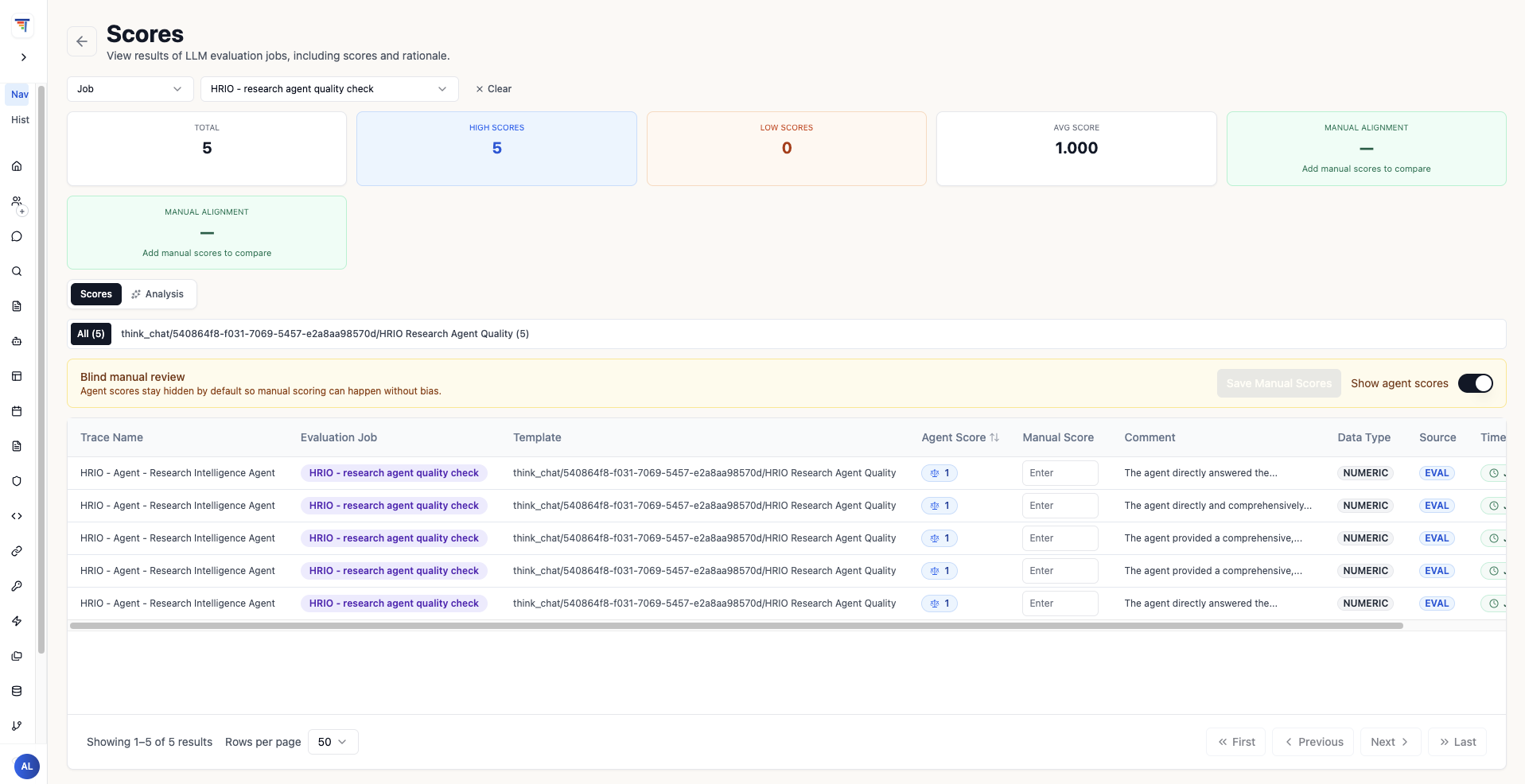 Evaluation Studio scores view for the HRIO evaluation job showing traces, agent scores, and reasoning