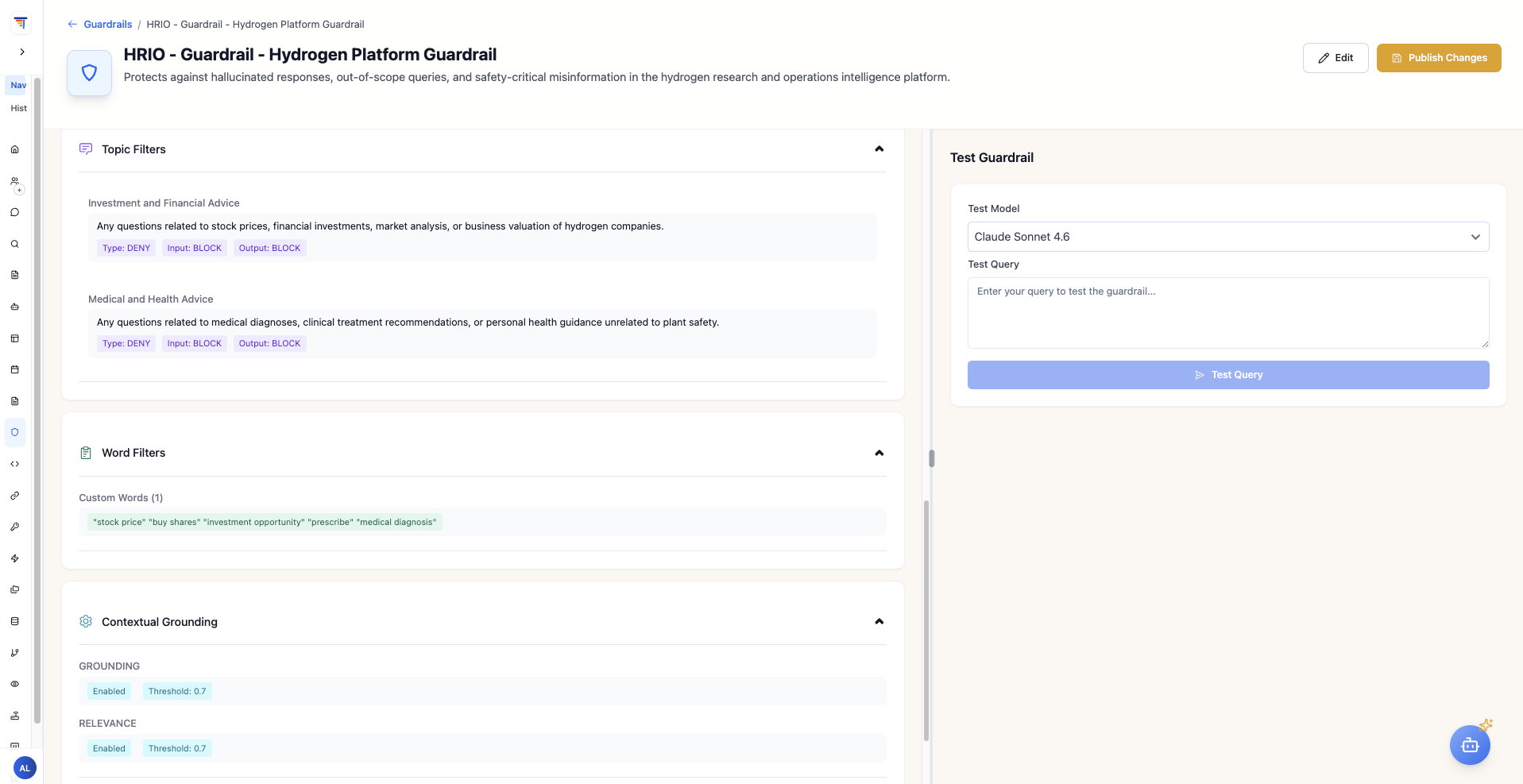 ThinkStack Guardrail configuration screen showing the HRIO guardrail settings and topic filters