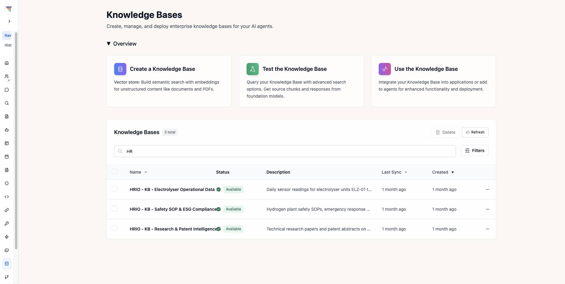 ThinkStack Knowledge Bases view showing all three HRIO knowledge bases with document counts