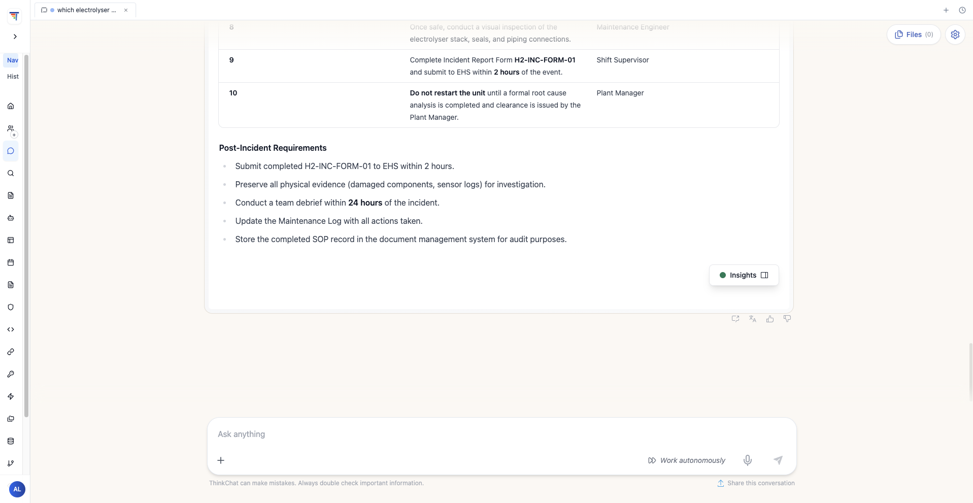 HRIO Ops and Safety Agent final response, SOP steps and recommended actions