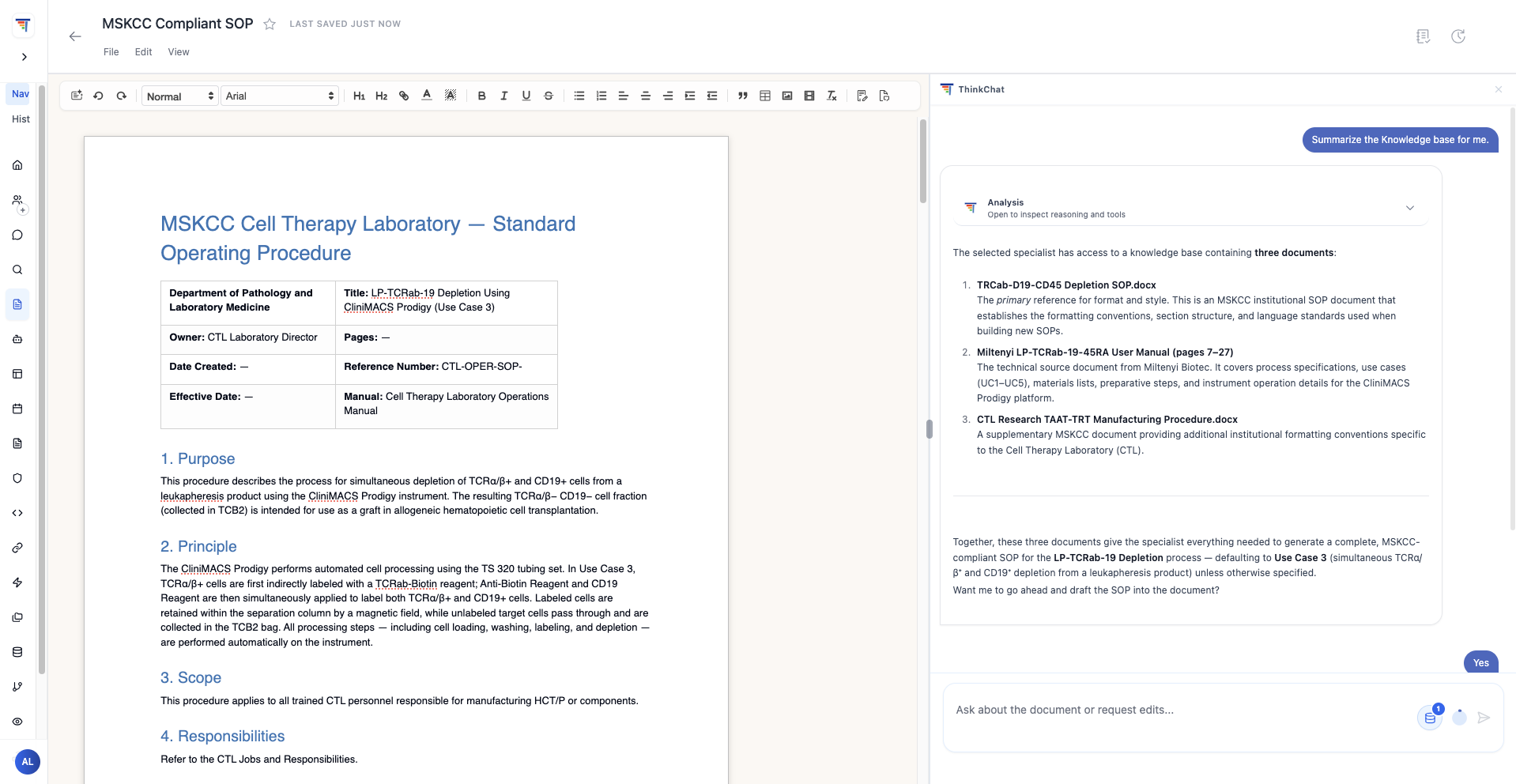 MSKCC Cell Therapy Laboratory SOP being generated live in ThinkStack Document Editor — LP-TCRab-19 Depletion procedure with ThinkChat agent confirmation