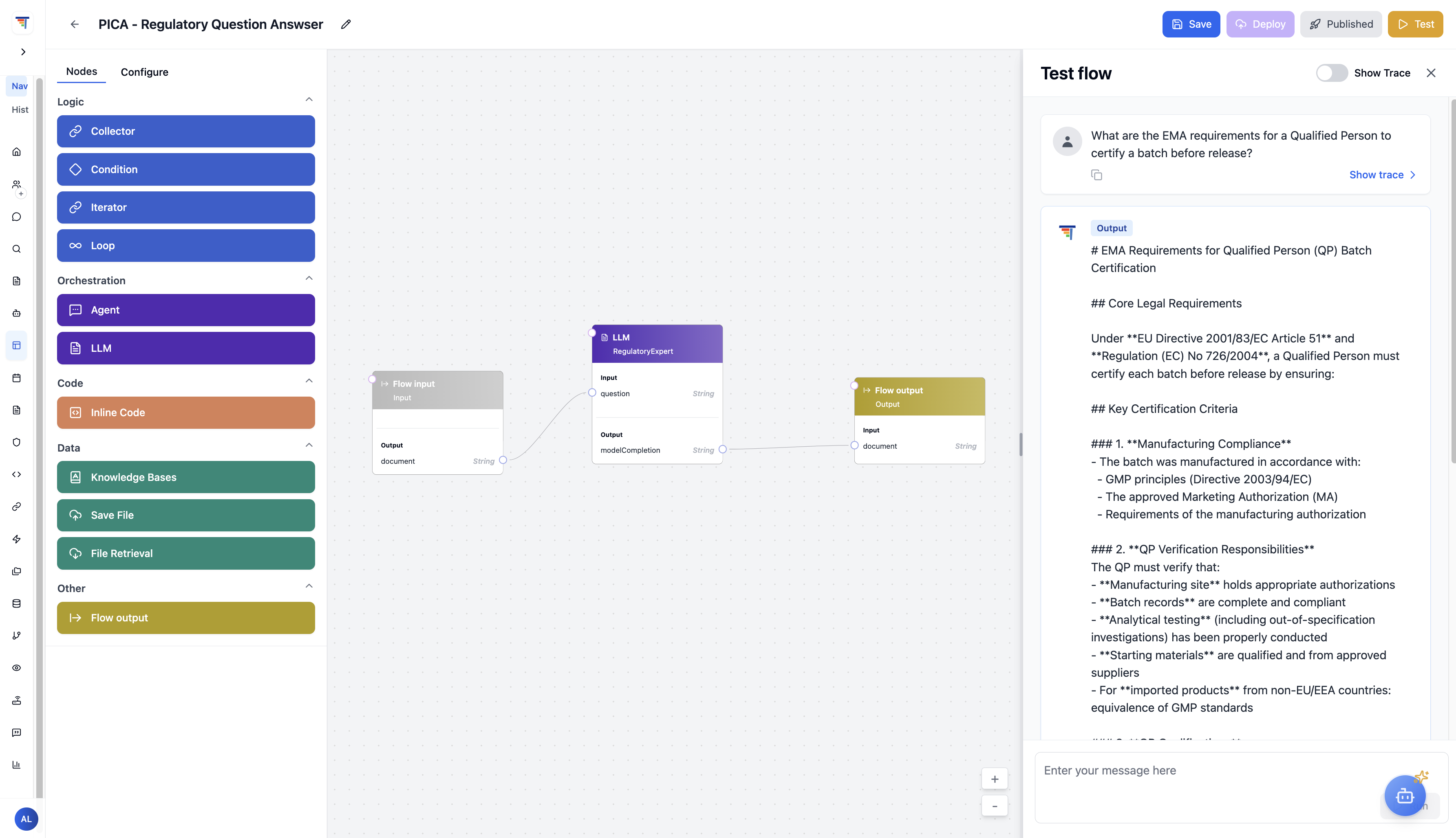 PICA Regulatory Question Answerer — ThinkStack flow builder showing LLM node, Knowledge Base connection, and live EMA batch certification response