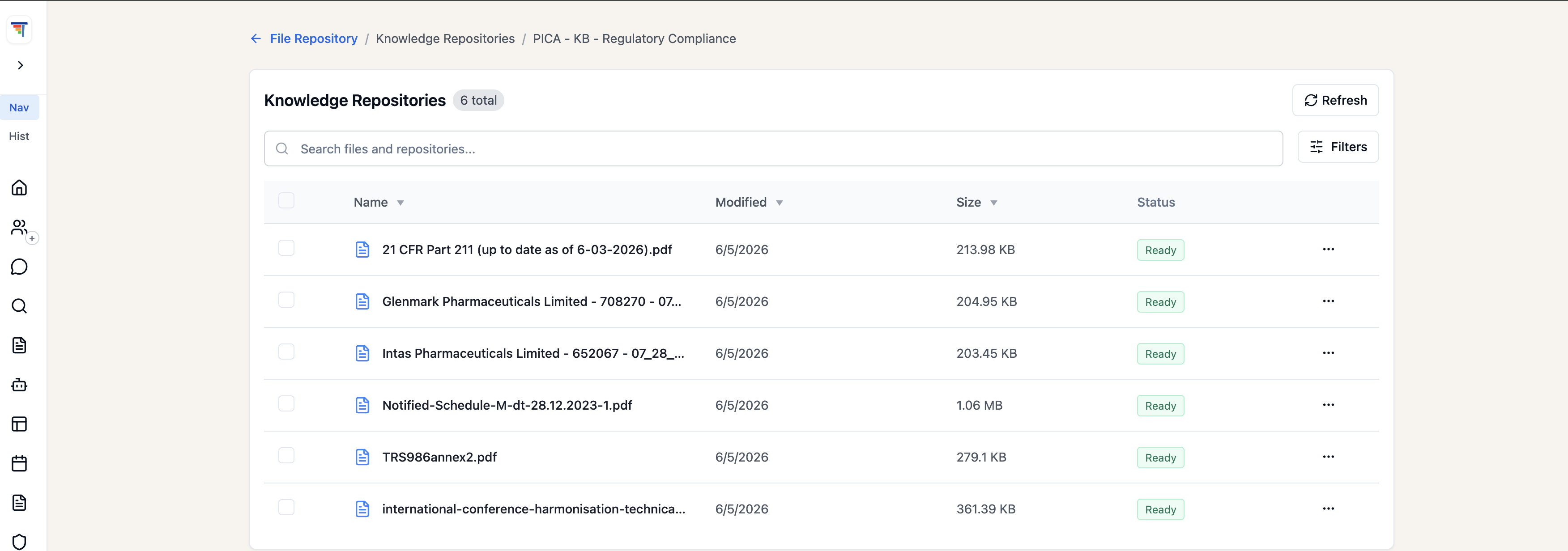 PICA Knowledge Repository — Regulatory Compliance knowledge base in ThinkStack