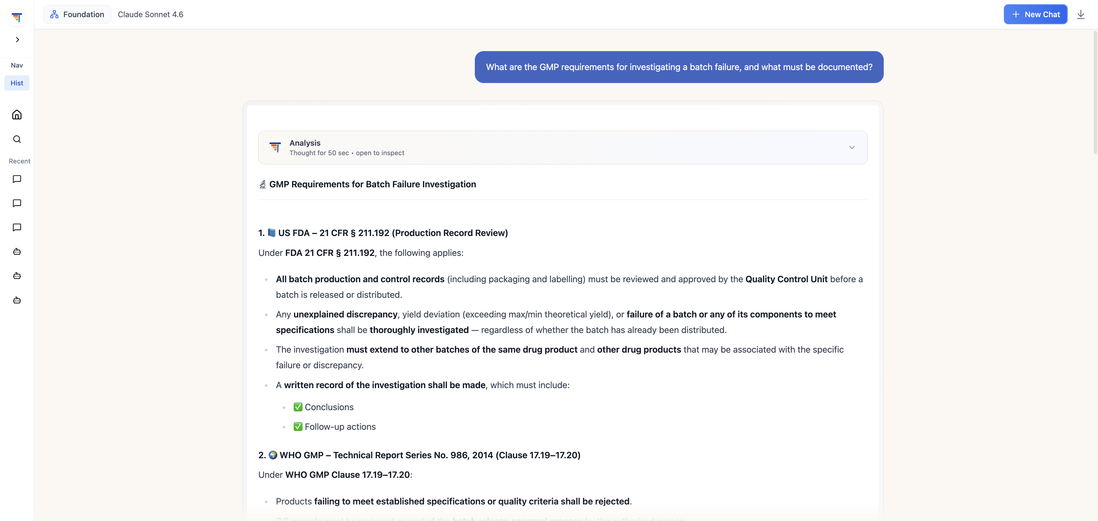 PICA Regulatory Compliance Agent — question submitted and FDA 21 CFR § 211.192 batch failure investigation requirements