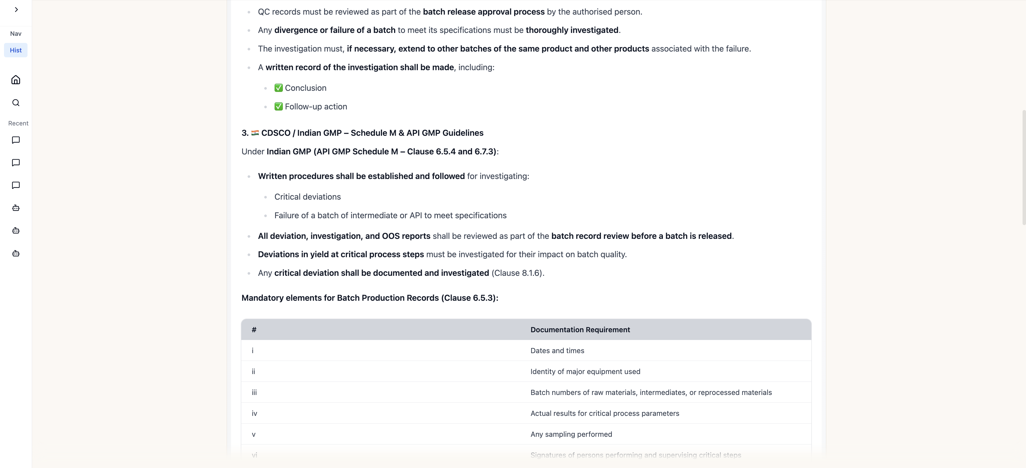 PICA agent response continued — WHO GMP Technical Report Clause 17.19–17.20 and CDSCO Schedule M requirements
