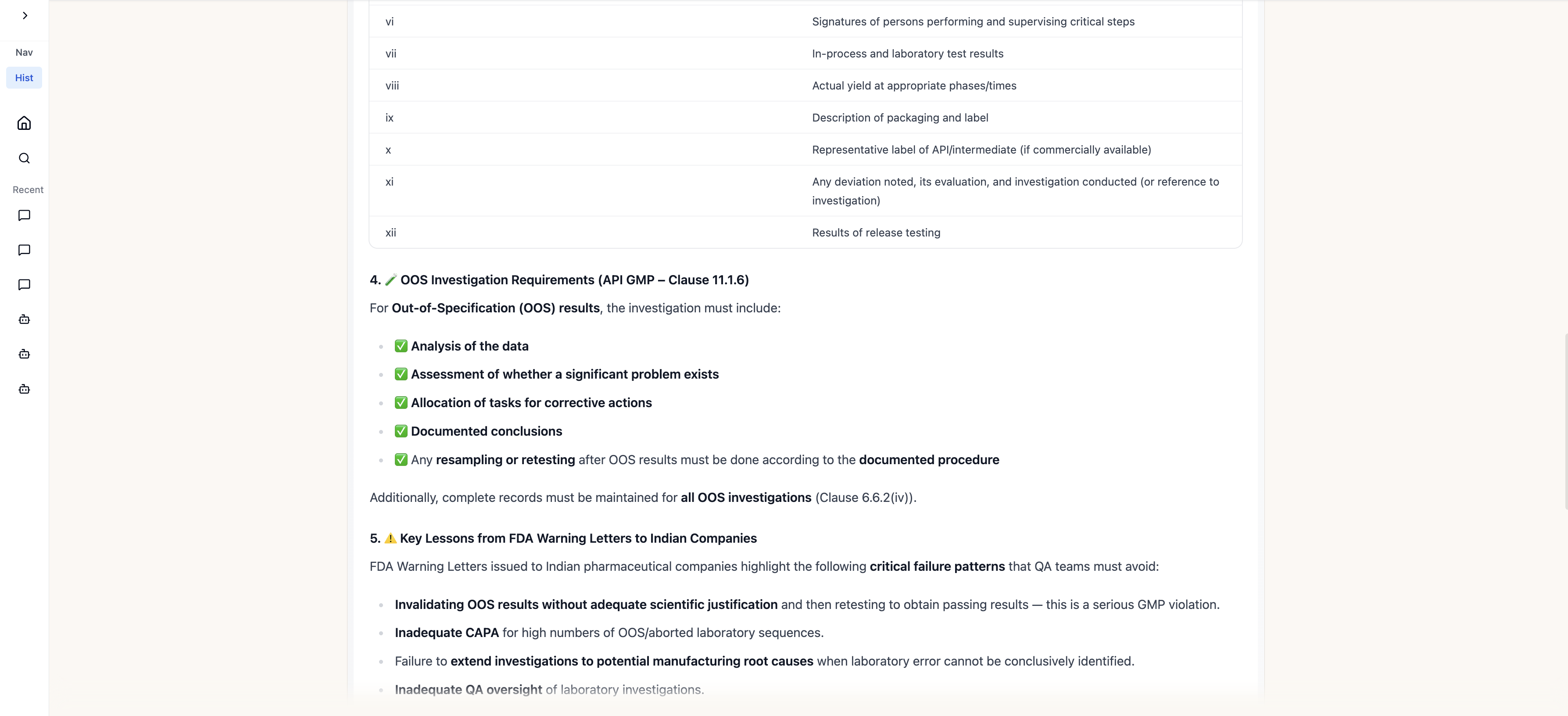PICA agent response — CDSCO Batch Production Records table and OOS Investigation Requirements