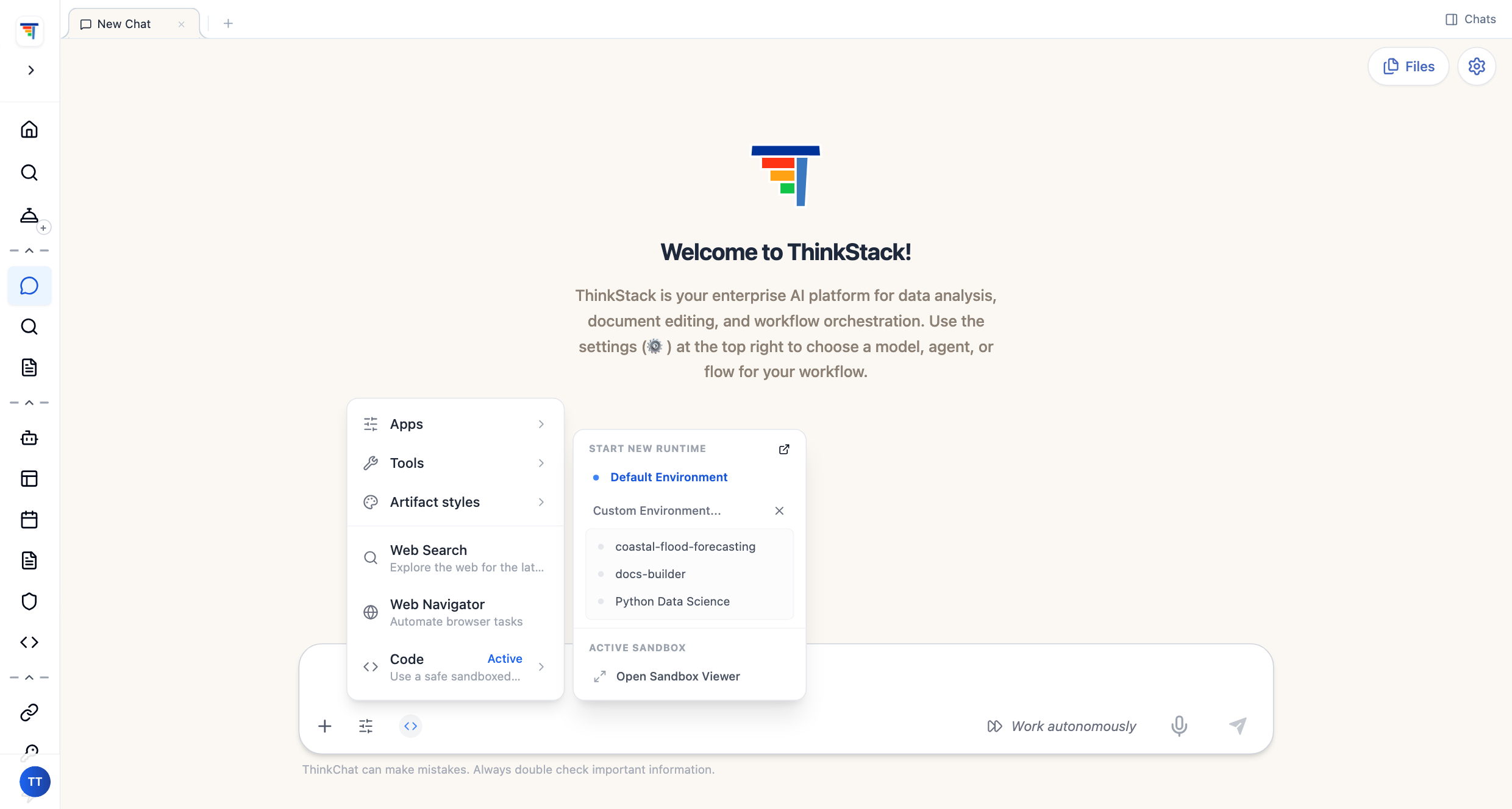 ThinkStack chat with the Code tool open, showing the list of available runtimes to pick from: coastal-flood-forecasting, docs-builder and Python Data Science