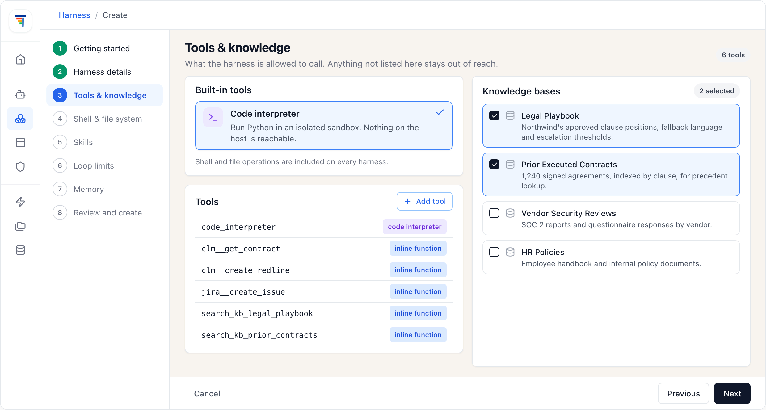 ThinkStack agent harness Tools and knowledge step with the Code interpreter selected as a built-in tool