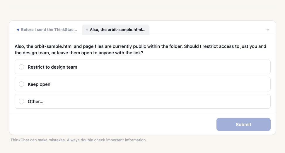 Agent pausing mid-task to ask whether generated files should be restricted to the design team or left open