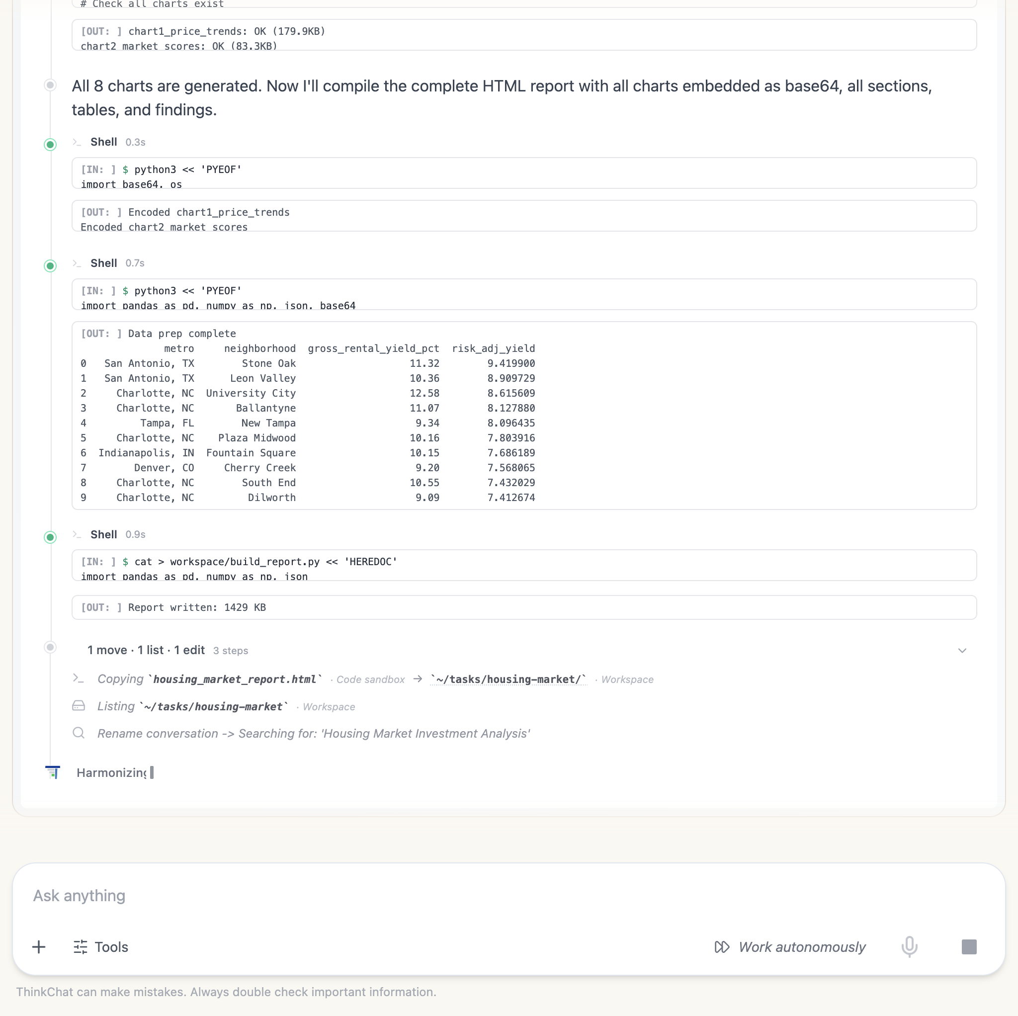 Execution trace — shell steps generating charts, prepping data, and writing the report