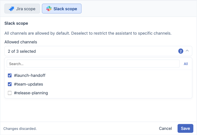Illustrative Slack scope selector with two channels selected