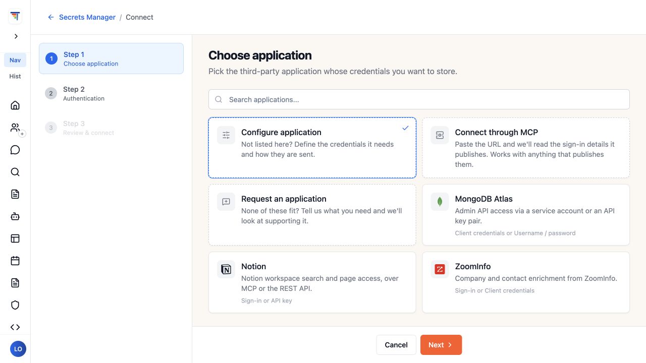 ThinkStack Choose application screen showing Configure application and Connect through MCP