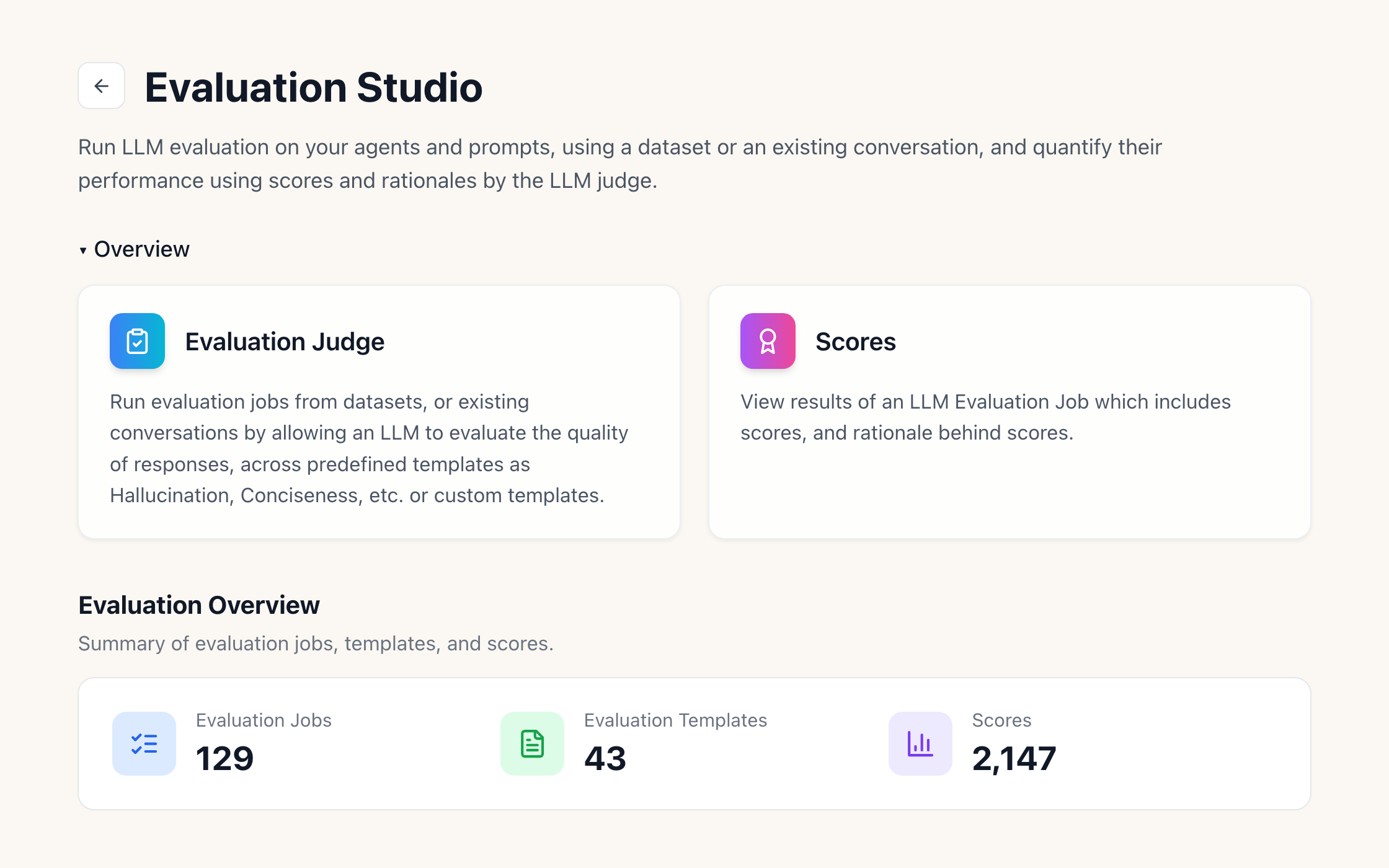 The Evaluation Studio overview: evaluation jobs, templates and scores