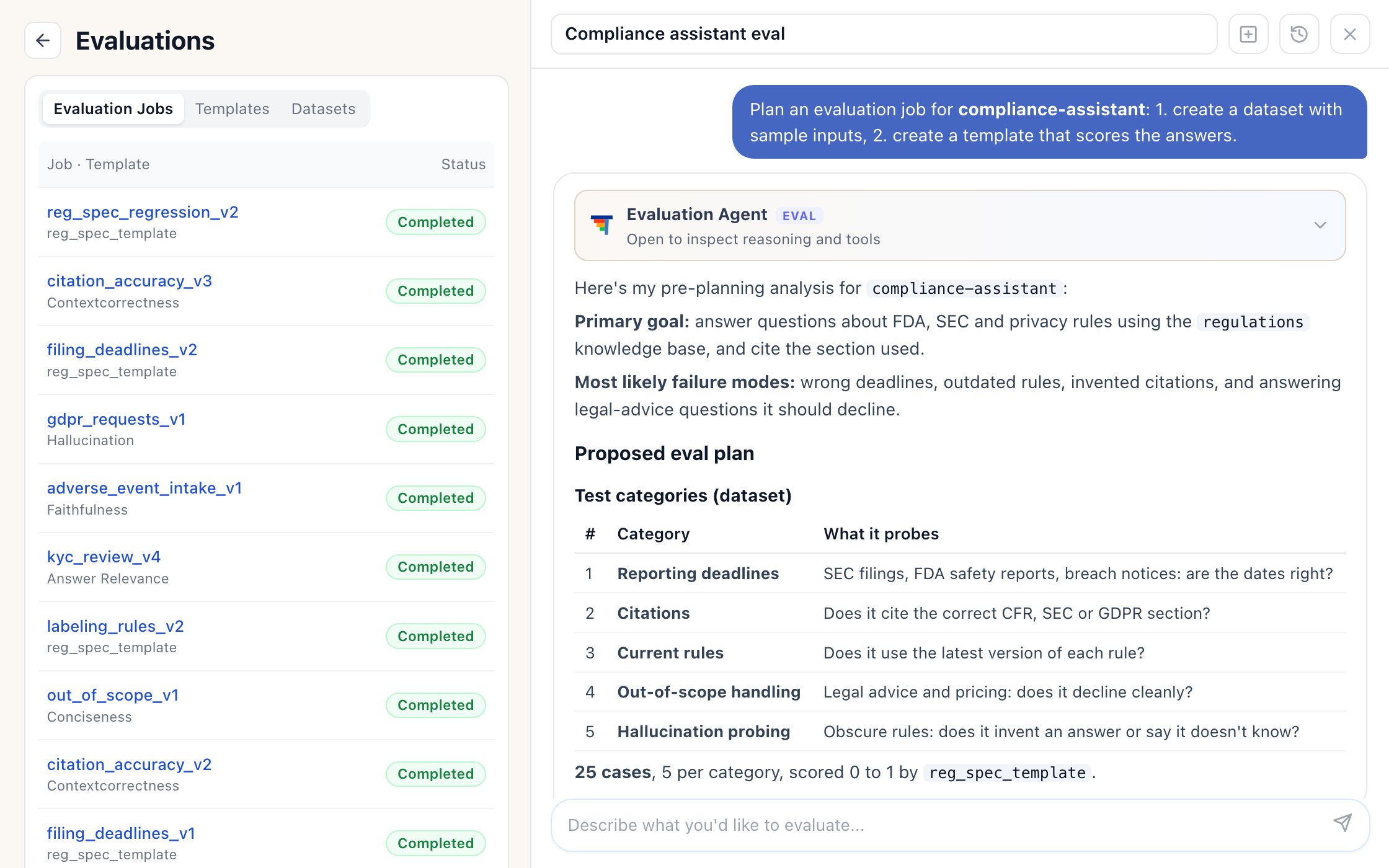 Iris returning an analysis and a proposed test plan for the compliance assistant