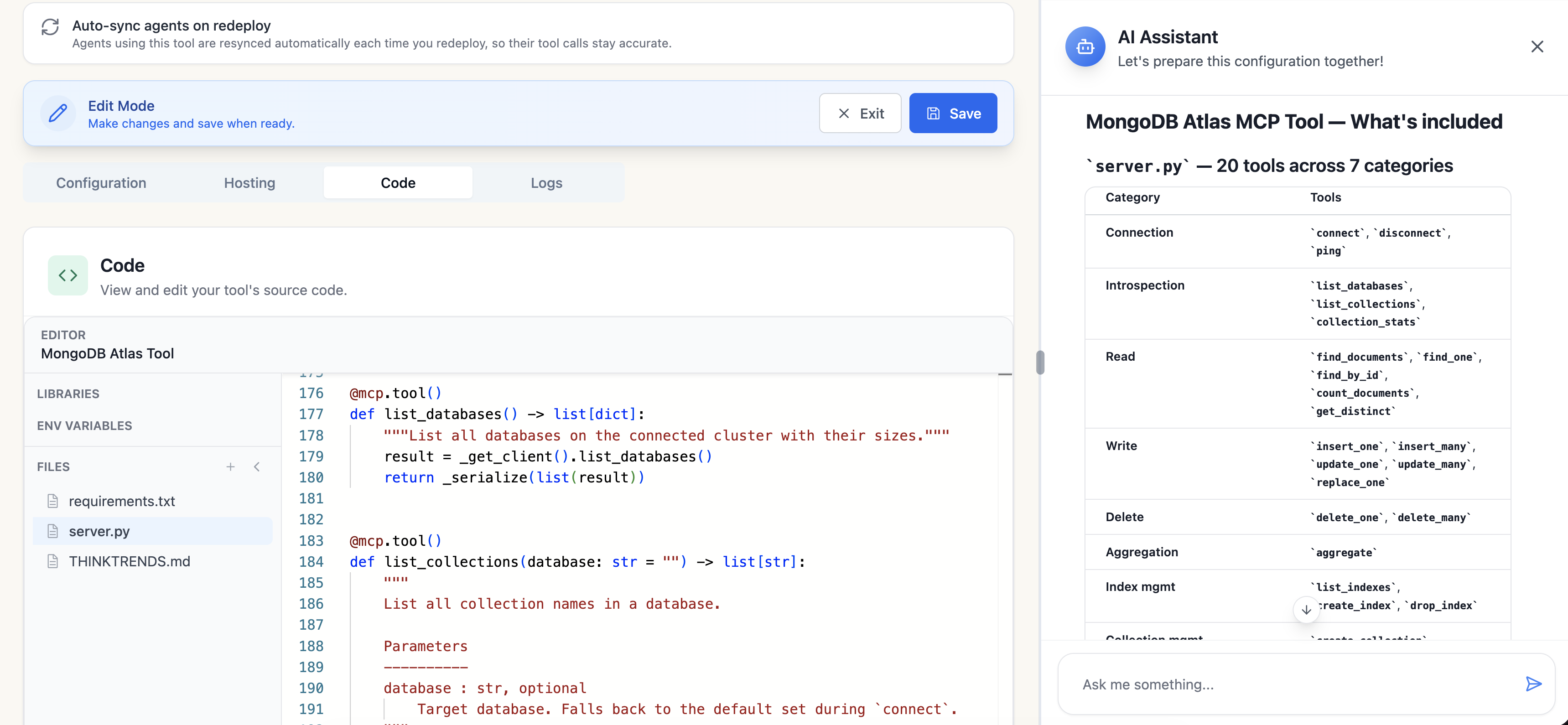 The ThinkTrends console in Edit Mode, showing the generated server.py for a Calculator tool alongside the AI Assistant, which lists all 7 tools it registered and a Proposed Changes panel