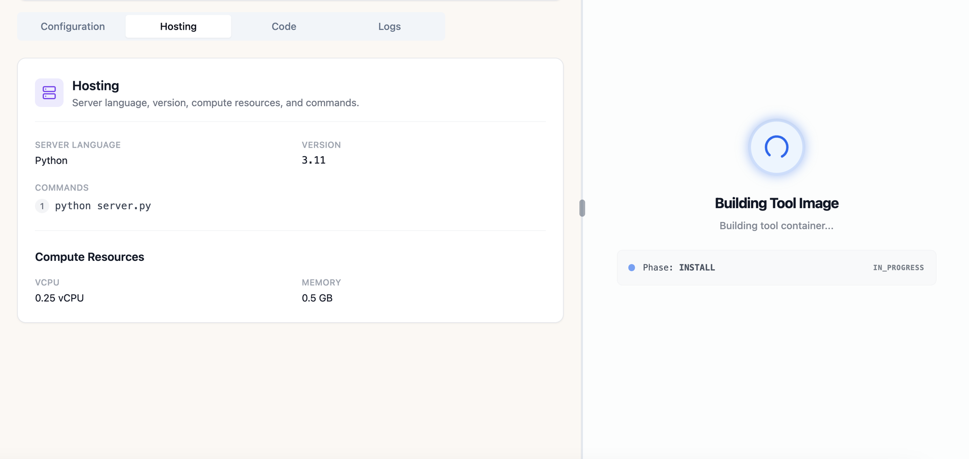 The ThinkTrends console showing Hosting configuration on the left and a live Building Tool Image deploy in progress on the right