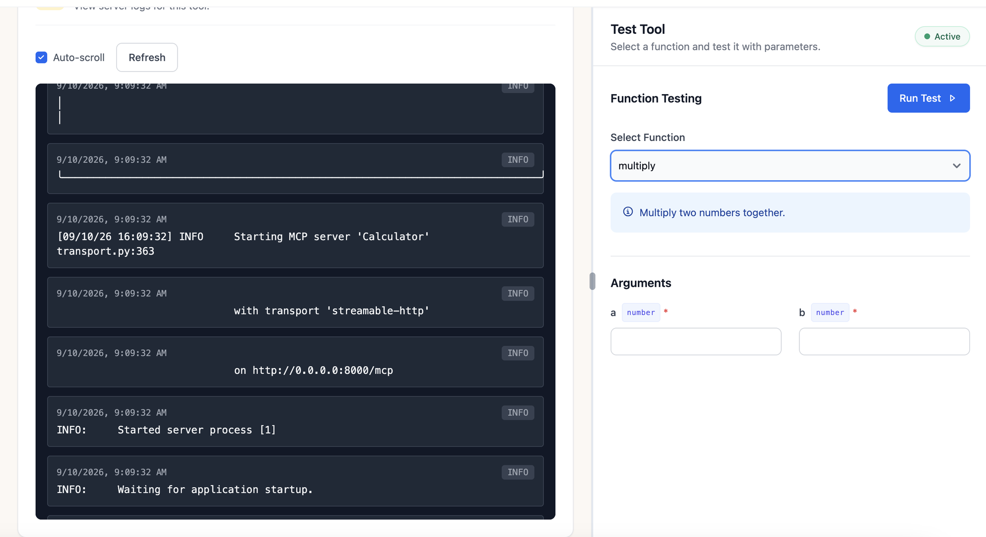 Live server logs showing the MCP server starting with the streamable-http transport, next to the Test Tool panel