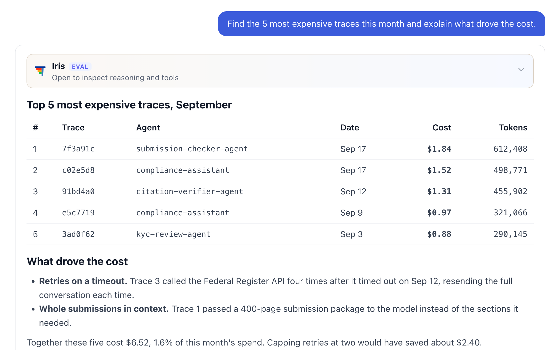 Iris listing the five most expensive traces this month and explaining what drove the cost