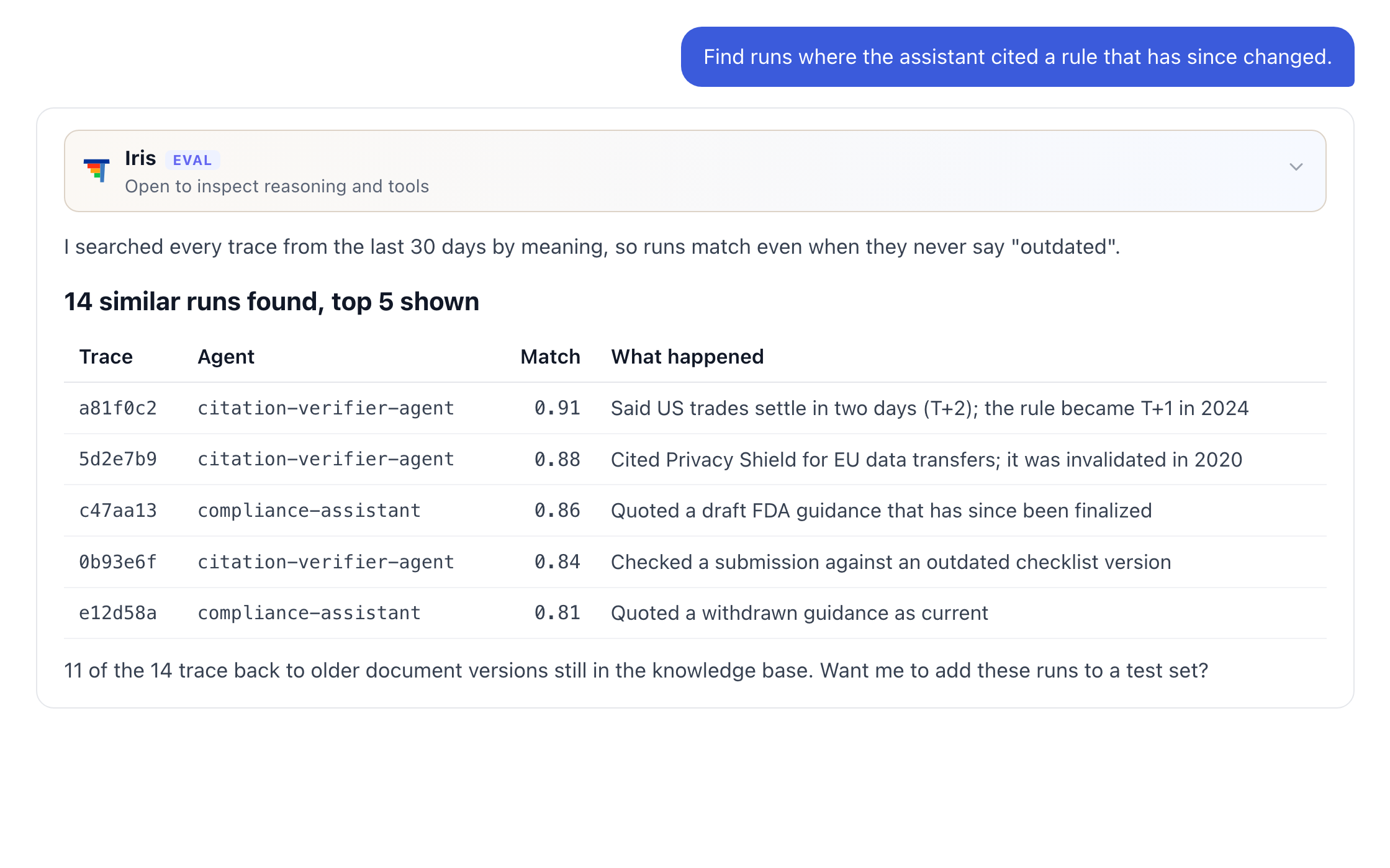 Iris finding 14 runs where the assistant cited a rule that has since changed, by meaning rather than keywords