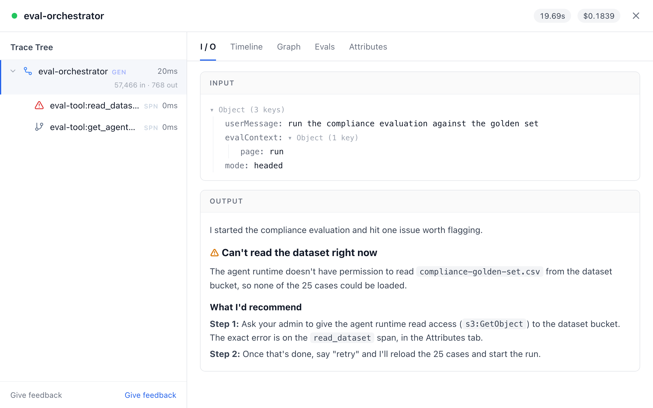 Iris explaining a permissions failure in plain language, with the fix to apply