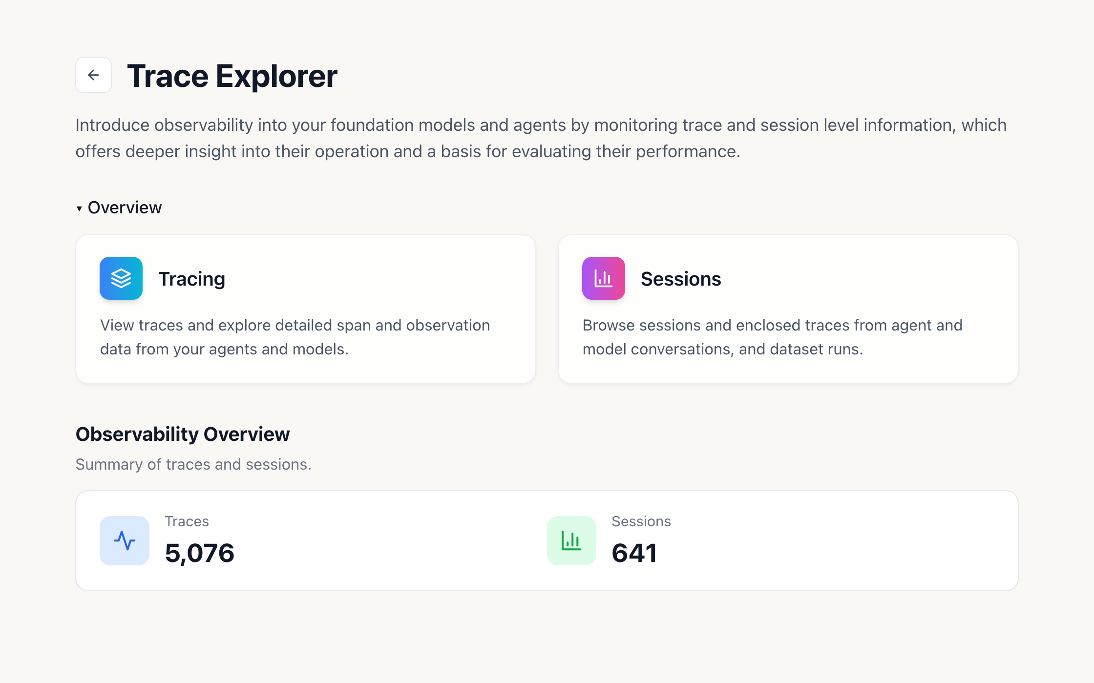 The real Observability landing page — traces and sessions, at a glance
