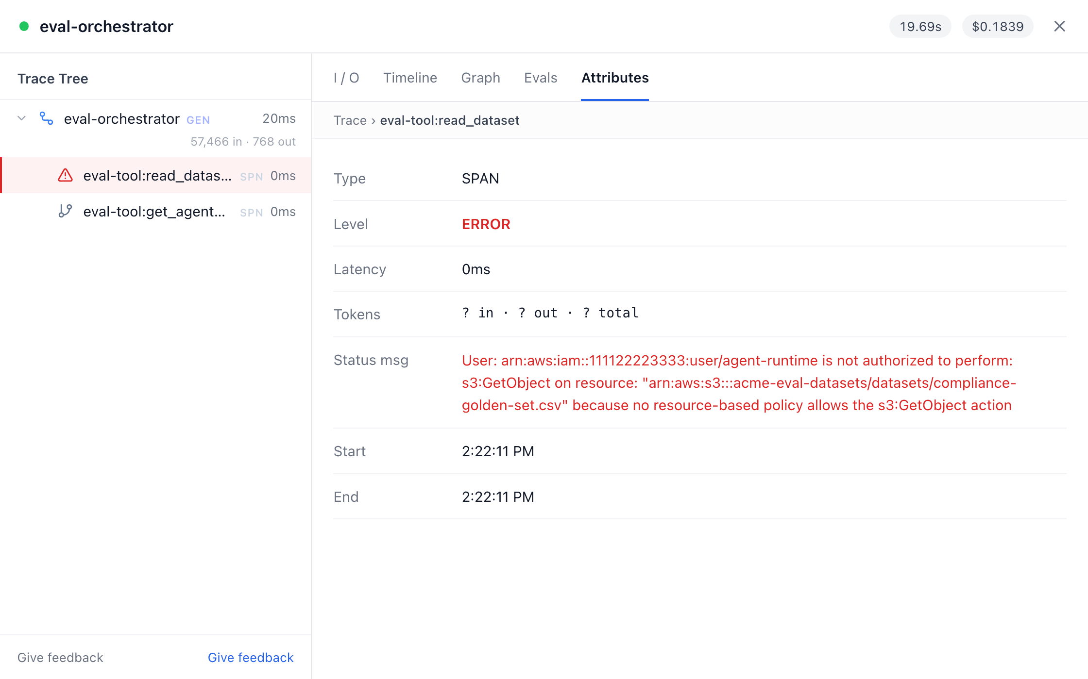 The raw access-denied error on the read_dataset span, in the Attributes tab