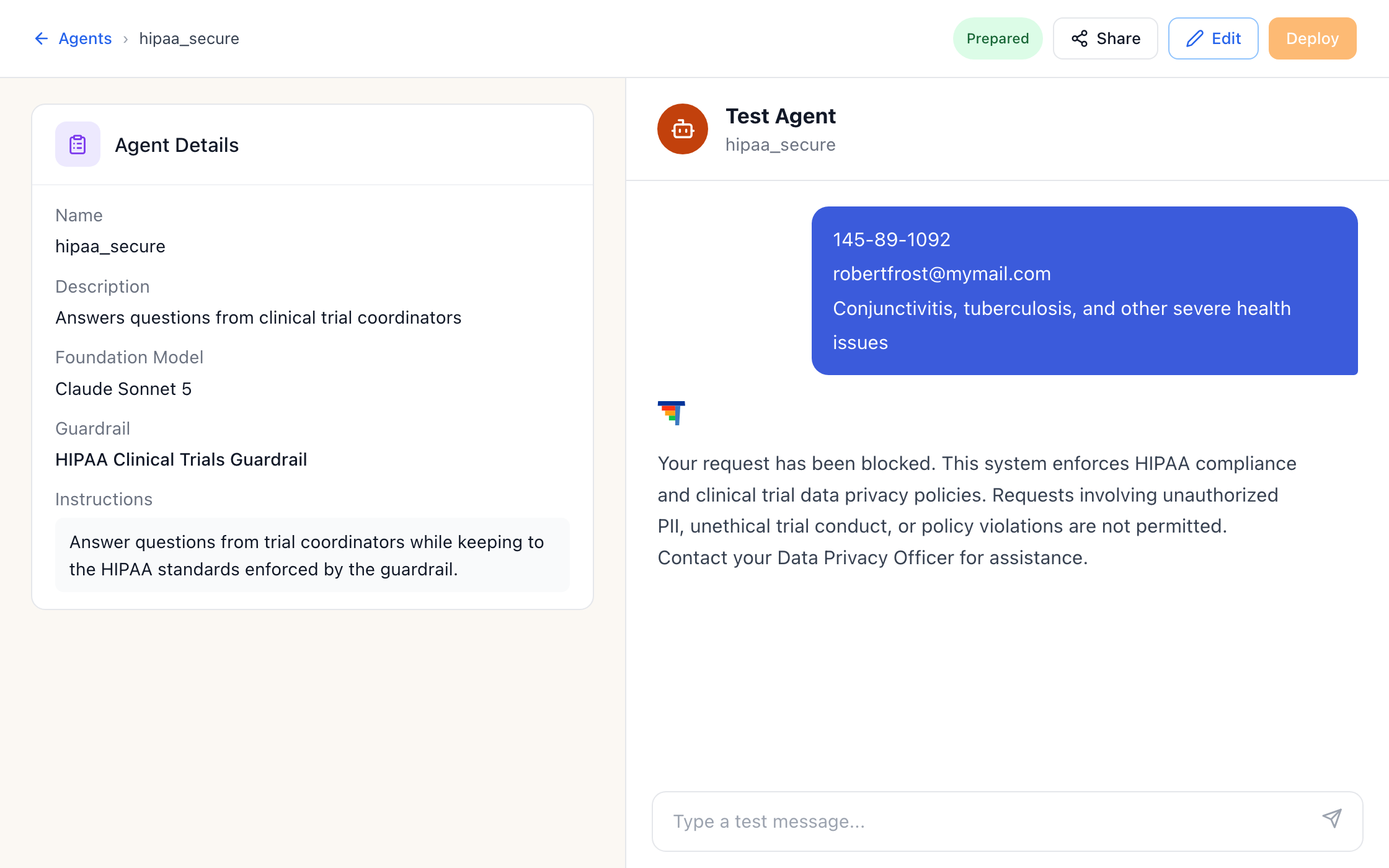The same policy live on an agent — the request never reaches the model