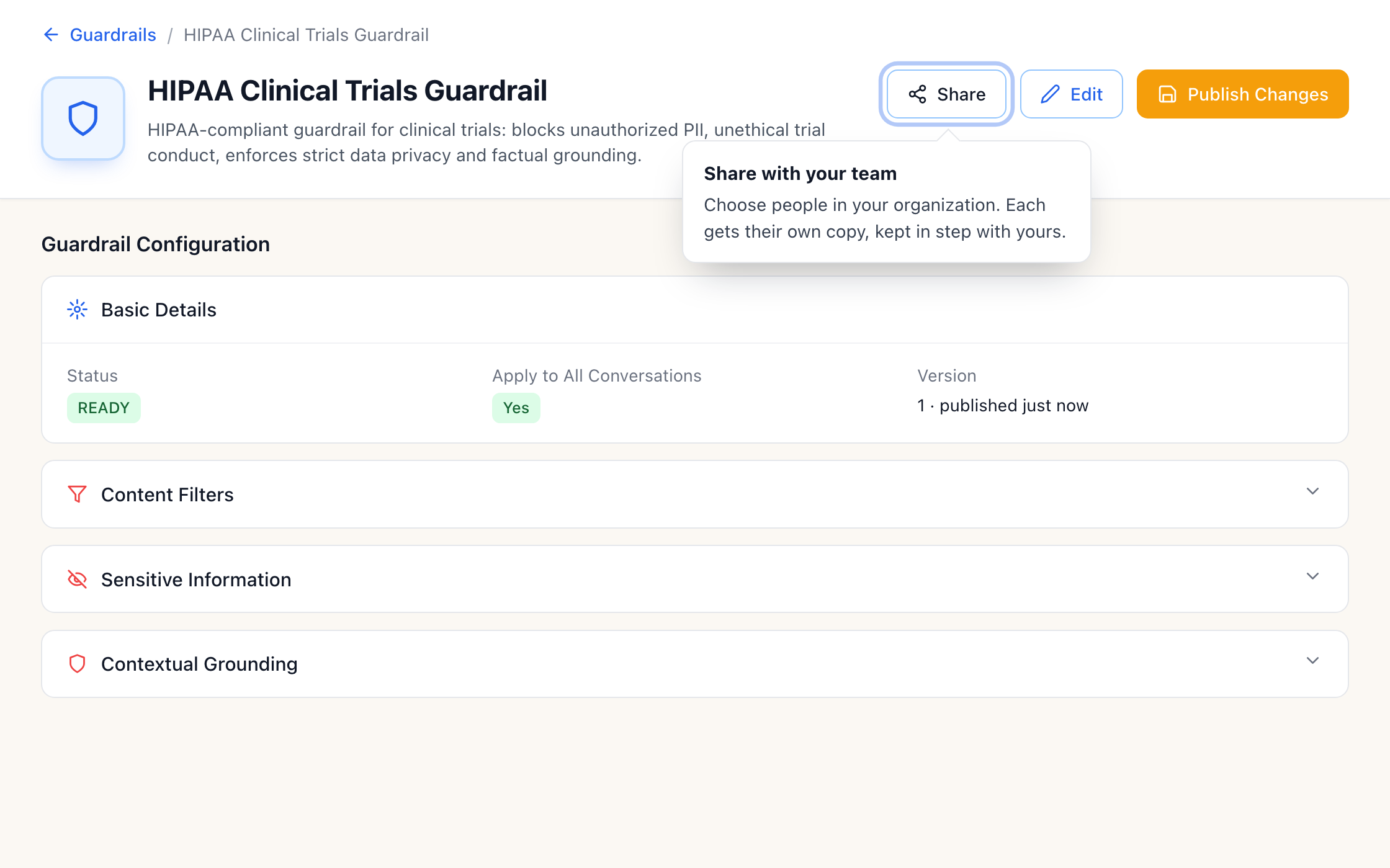 The HIPAA Clinical Trials Guardrail with a tooltip on its Share button