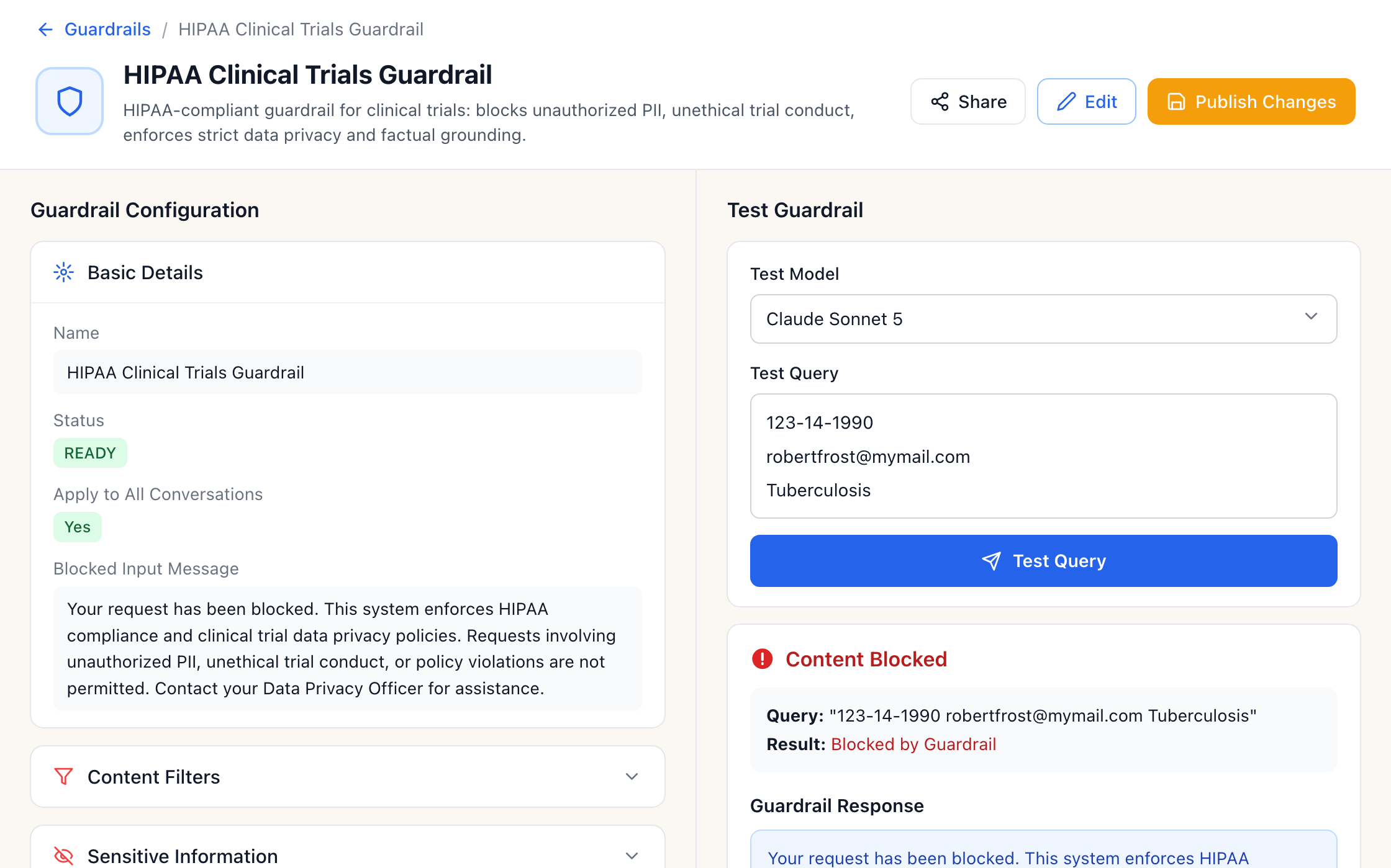 Testing the HIPAA Clinical Trials Guardrail: a prompt with an SSN and email is blocked before it reaches the model