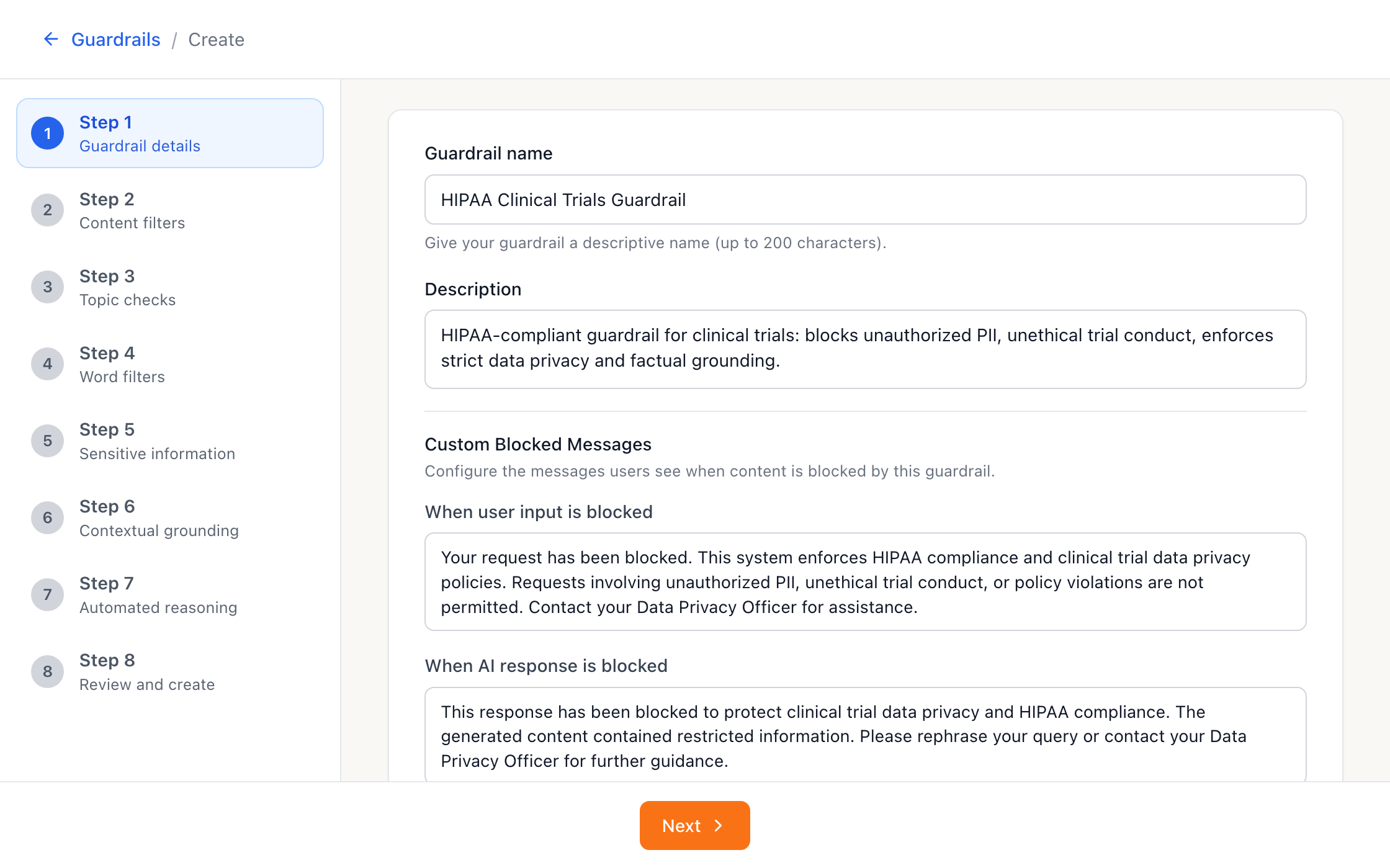 Step 1 of the create wizard: the HIPAA Clinical Trials Guardrail name, description and blocked messages