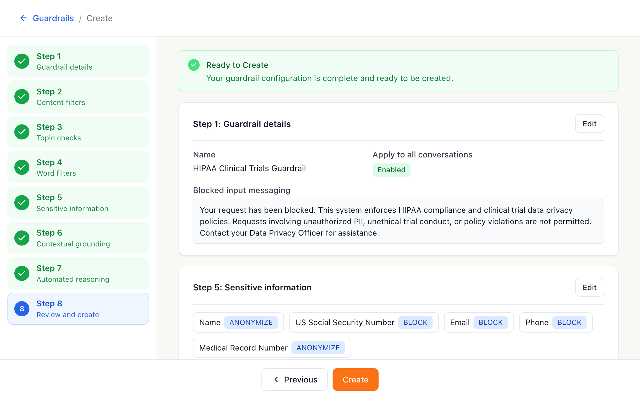Step 8 of the wizard: every setting reviewed before the guardrail is created