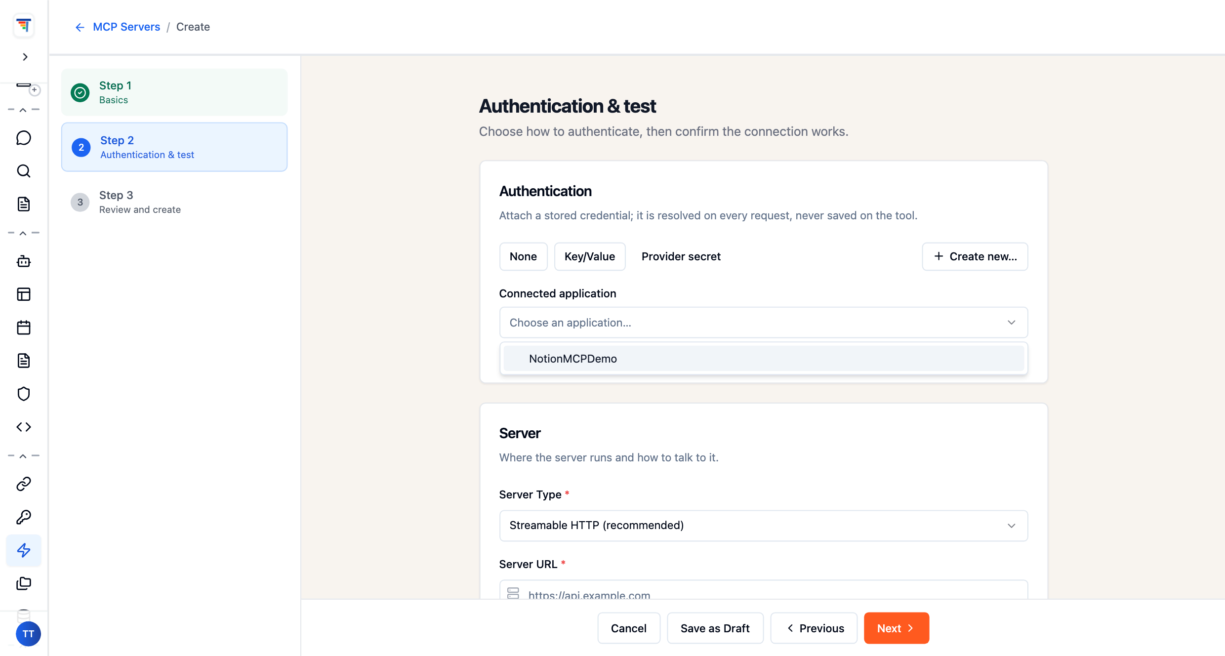 ThinkStack connected-application dropdown: pick a stored credential such as NotionMCPDemo to reuse across every agent
