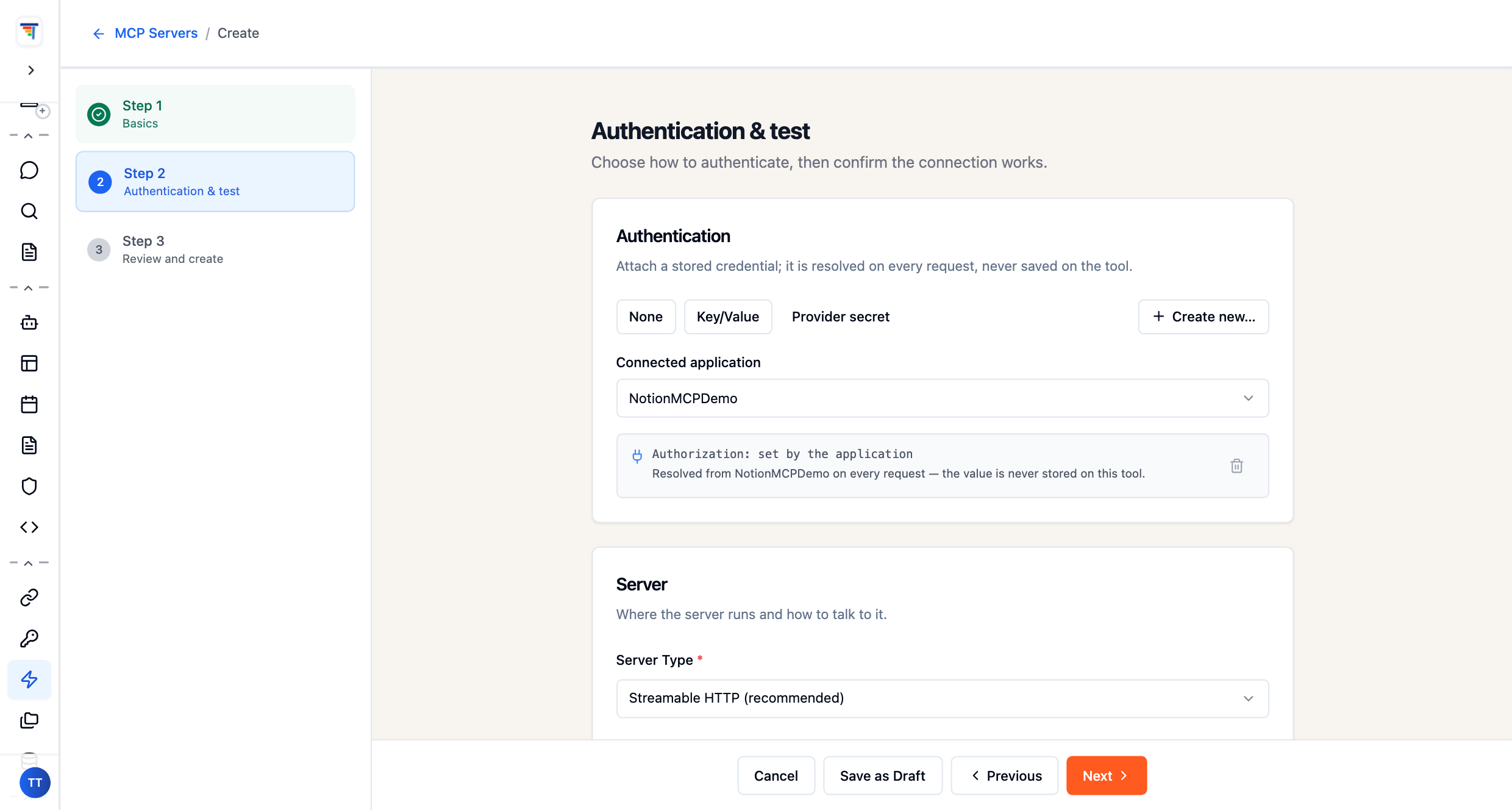 ThinkStack MCP server setup: a self-hosted tool authenticates with the stored NotionMCPDemo provider secret, resolved on every request
