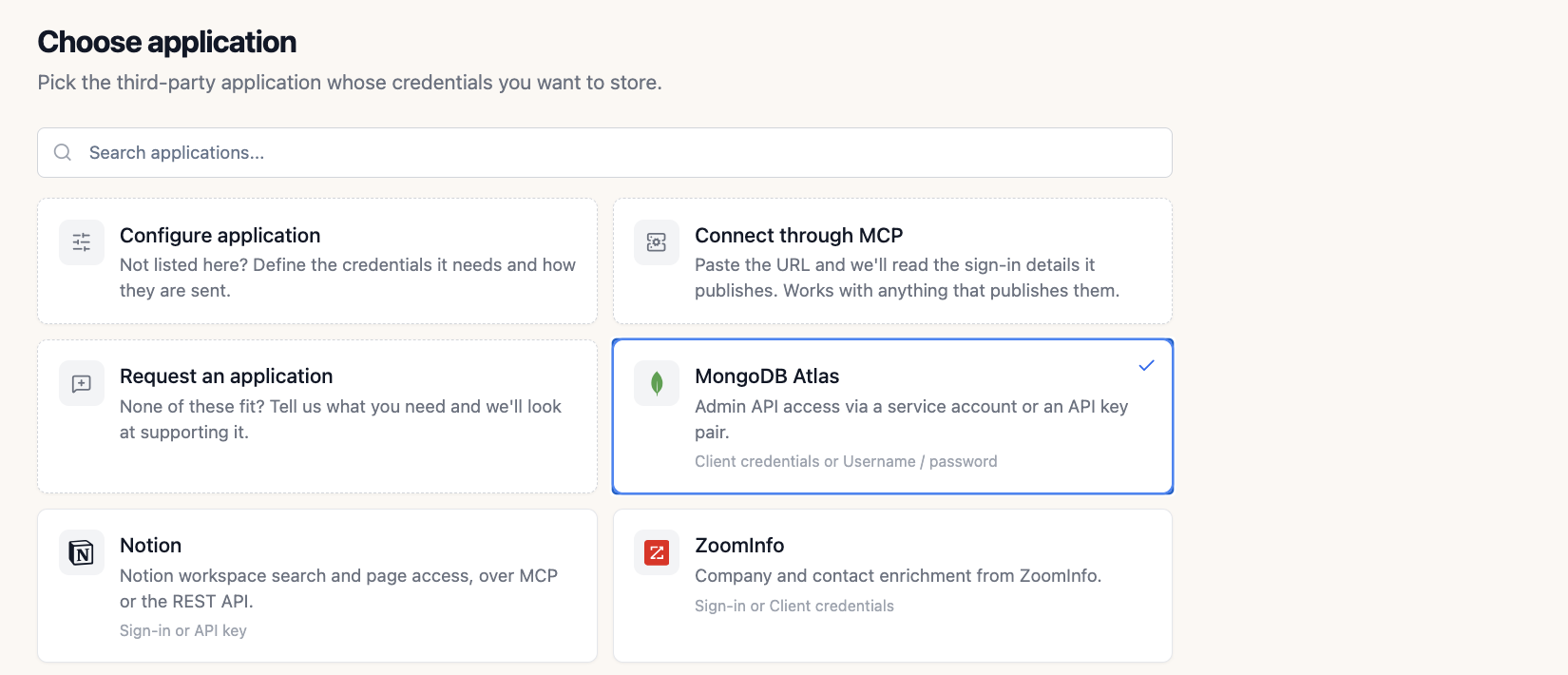 Choose application: the provider catalog with MongoDB Atlas, Notion, ZoomInfo, and other apps displayed with equal prominence