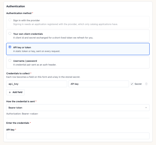 A custom application: choose the authentication method and the credential fields to collect