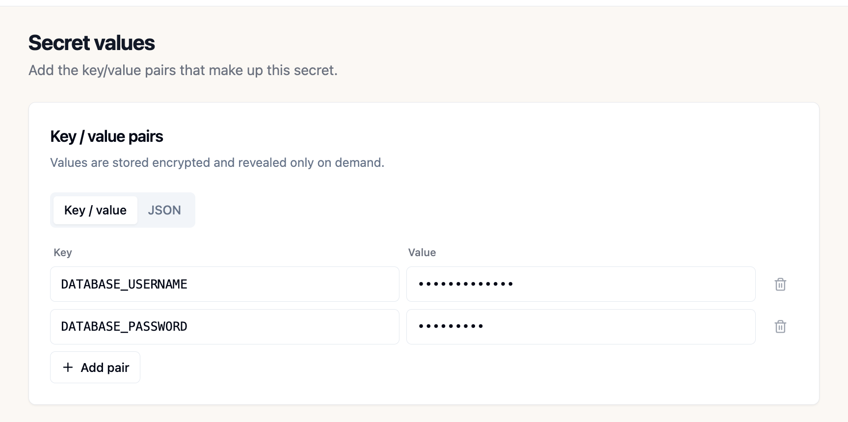 The Secret values step: key/value pairs DATABASE_USERNAME and DATABASE_PASSWORD with both values masked