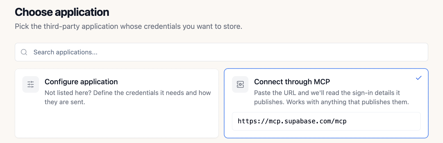 Connect through MCP: a public MCP server URL pasted into the card
