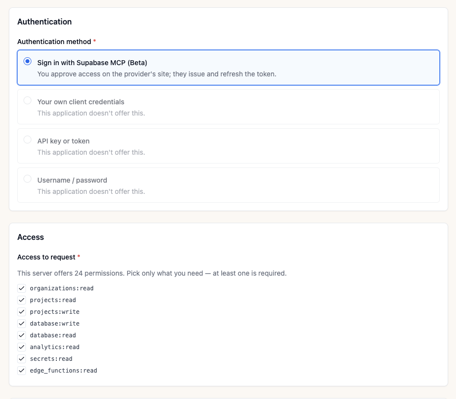 Authentication for a public MCP server: sign in with the provider, then pick the permissions to request