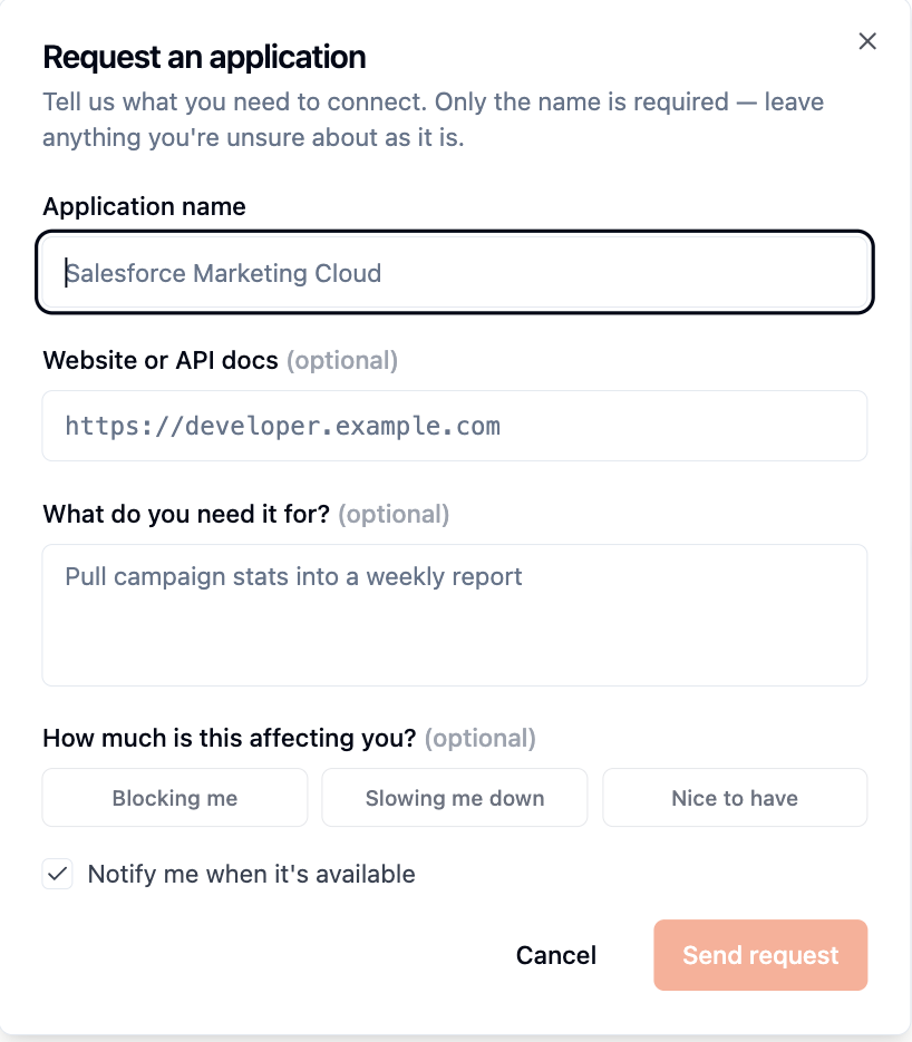 Request an application: a short form with the application name, its docs and what you need it for